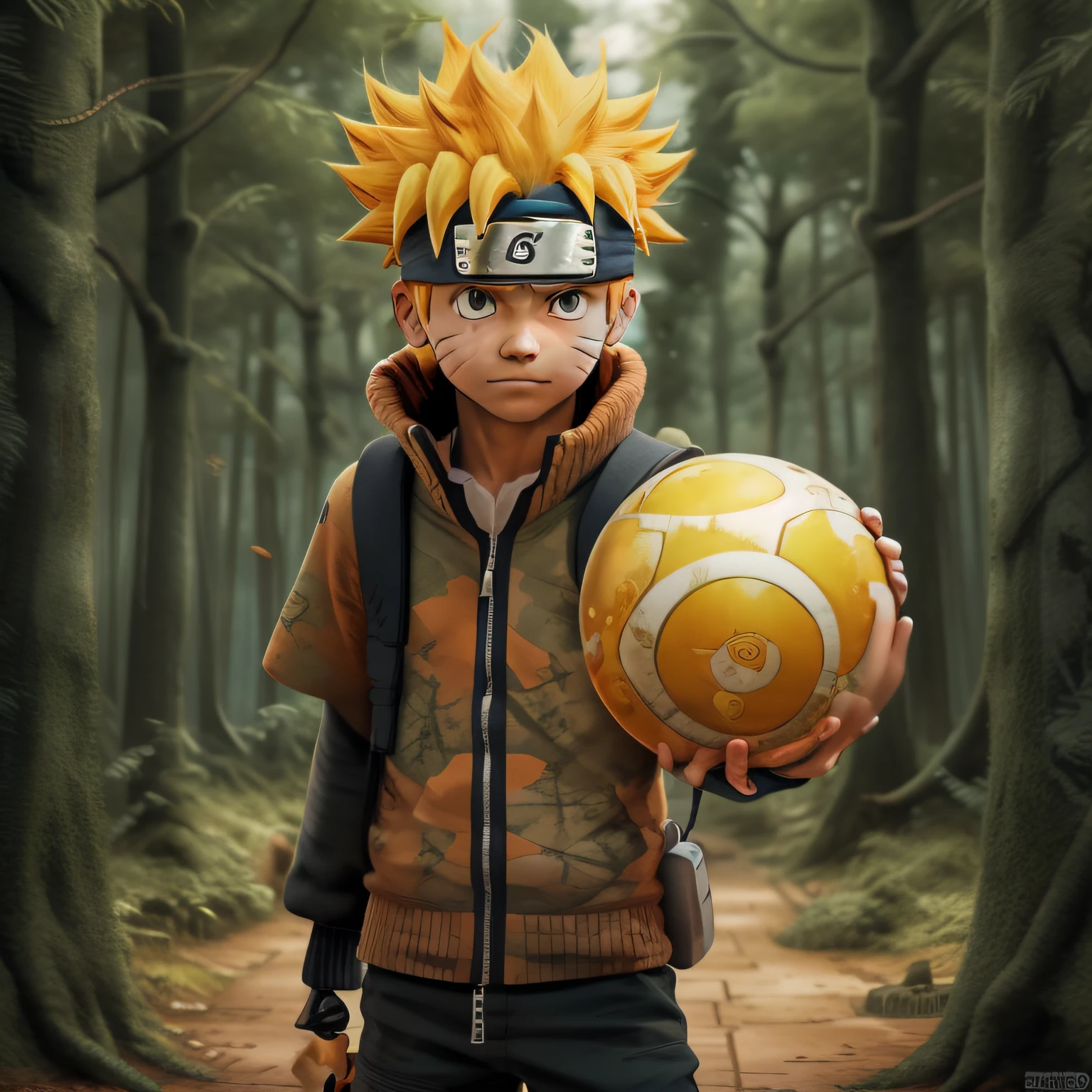 "(extremadamente detallado, super cool), Naruto with an energy ball in his right hand, estilo encantador-minimalista con toque de dibujos animados en 3D. en el fondo un hermoso bosque."