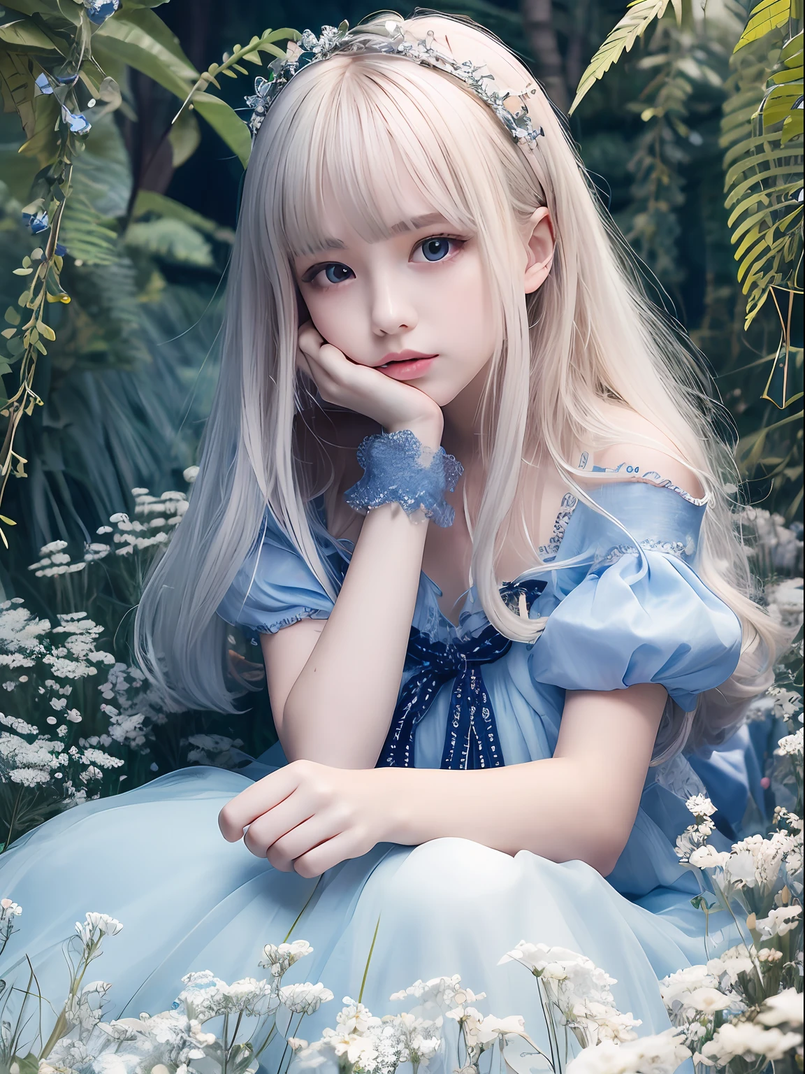portlate、Alice in Wonderland、Blue sky、Bright and very beautiful face、Young shiny shiny white shiny skin、Best Looks、Platinum blonde hair with dazzling highlights、Super long silky straight hair、Beautiful bangs that shine、Glowing crystal clear big blue eyes、Very beautiful lovely 15 year old beautiful girl、White Apron、Blue Dress