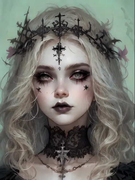 HighestQuali，tmasterpiece：1.2，Detailed details，1 Gothic girl，Black wedding dress，Gorgeous headdress，Bust，Rose flower，crosses，sil...