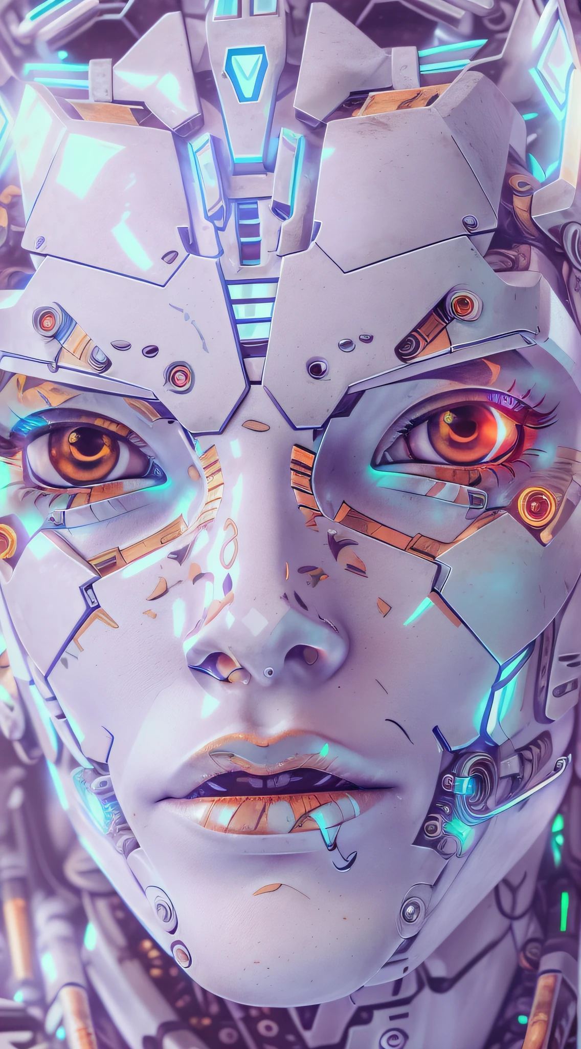 阿拉夫机器人，有着超精细的白色塑料碎片，分辨率极高，涂着红色口红，眼睛是淡蓝色