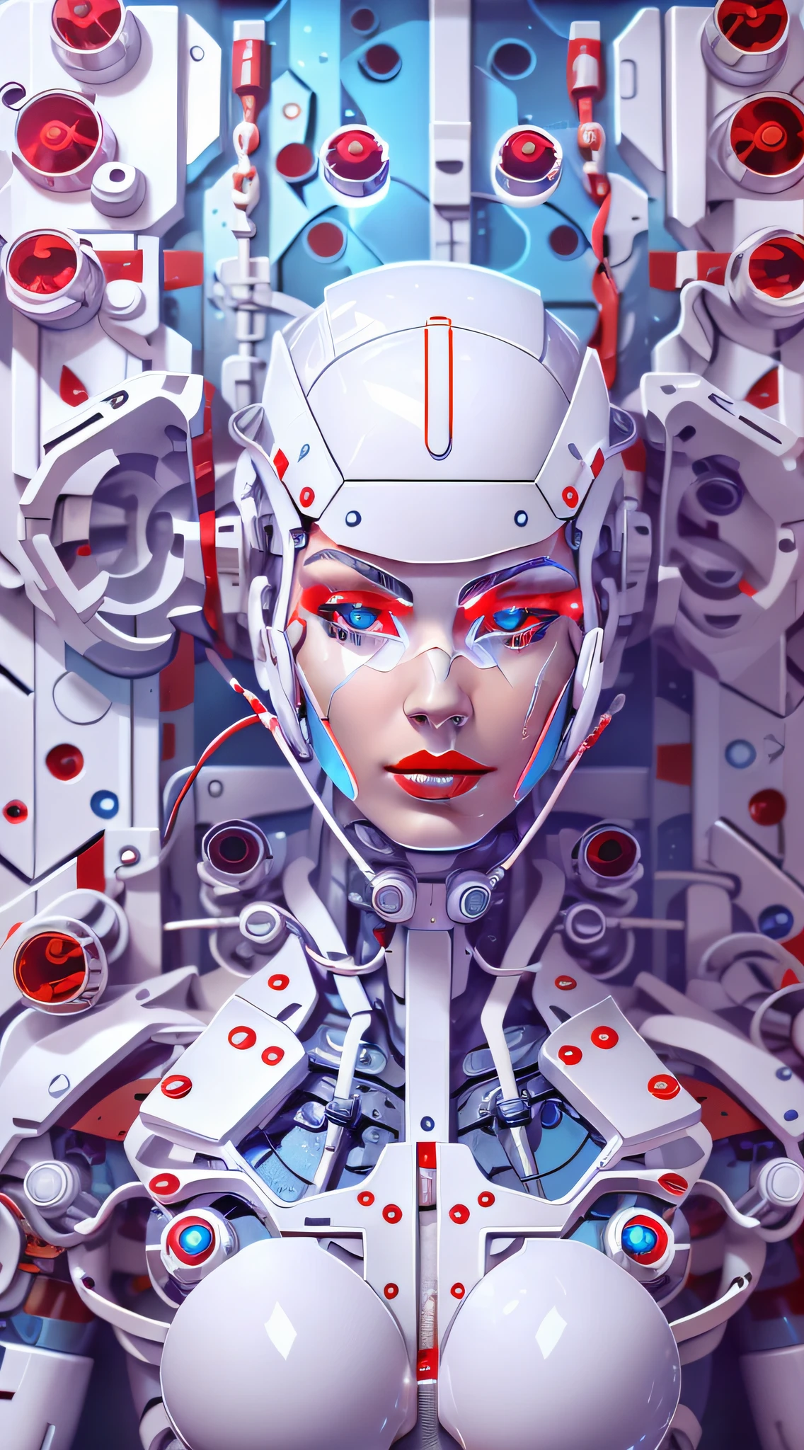 Araffed Cyborg ด้วยชิ้นส่วนพลาสติกสีขาวที่มีรายละเอียดสูงในความละเอียดสูงมากพร้อมลิปสติกสีแดงและดวงตาสีฟ้าอ่อน