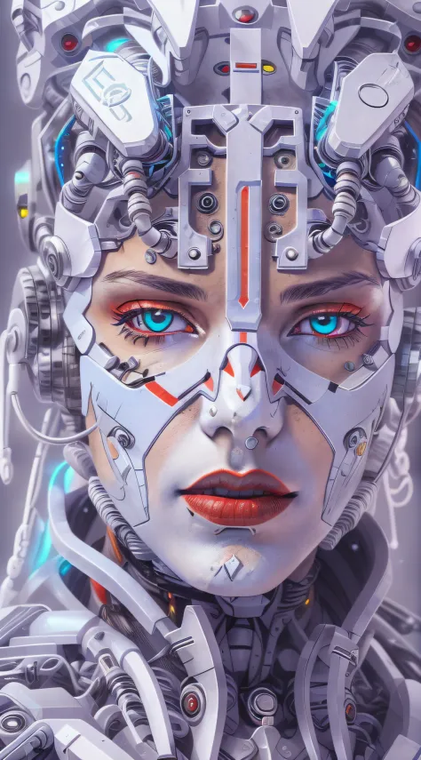 Araffed Cyborg with super detailed pieces of white plastic in very high resolution with red lipstick and light blue eyes