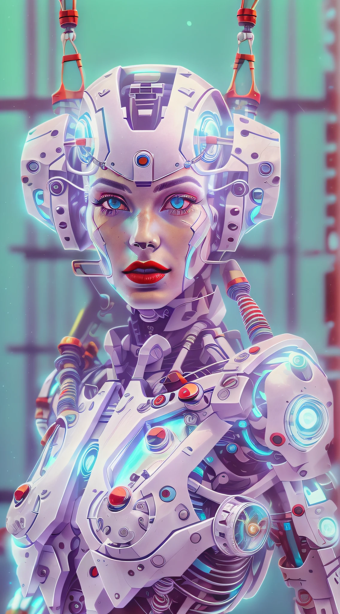 Araffed Cyborg 擁有超詳細的白色塑膠片，解析度非常高，紅色唇膏和淺藍色眼睛