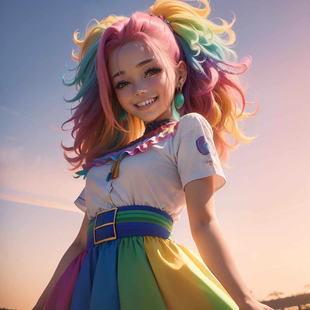 ((best qualityer)), ((ultra res)), ((photorrealistic:1.4)), (complexdetails), Girl with colorful hair and a colorful dress,rossdraws pastel vibrant, RossDraw realismo vibrante, 4K realistic style,  (((Grinning)))