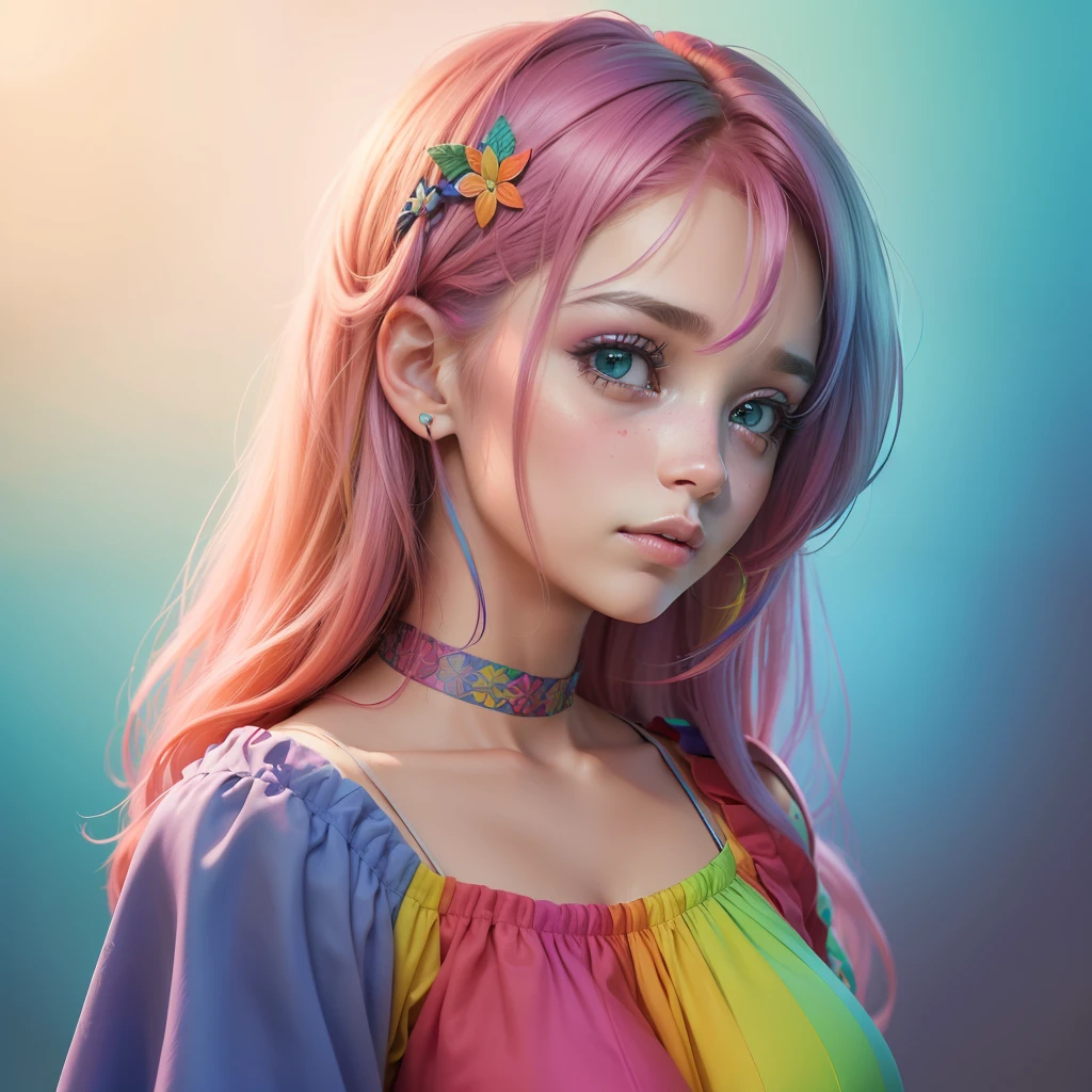 ((best qualityer)), ((ultra res)), ((photorrealistic:1.4)), (complexdetails), Girl with colorful hair and a colorful dress,rossdraws pastel vibrant, RossDraw realismo vibrante, 4K realistic style, ((((sad with pout))))