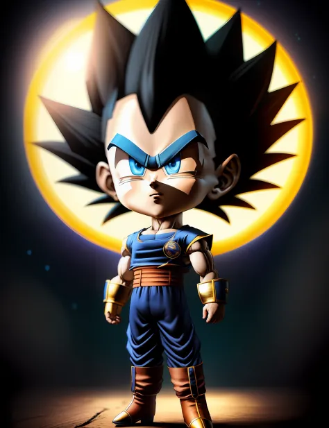 vegeta, the prince of the saiyans, em sua roupa de combate, em uma sala de treinamento de luta, detalhes intrincados, highes def...