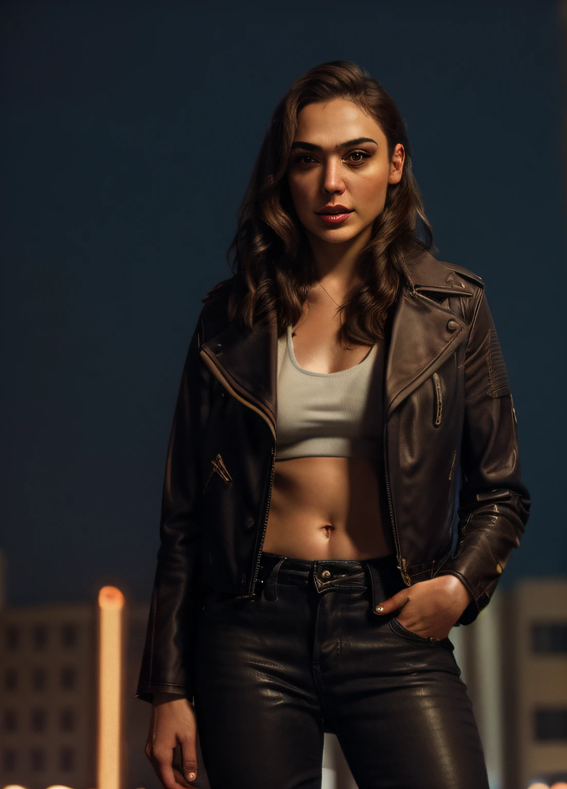 Portrait of gldot as a beautiful female model, georgia fowler, beautiful face, with short dark brown hair, in cyberpunk city at night. She is wearing a leather jacket, black jeans, dramatic lighting, (police badge:1.2)