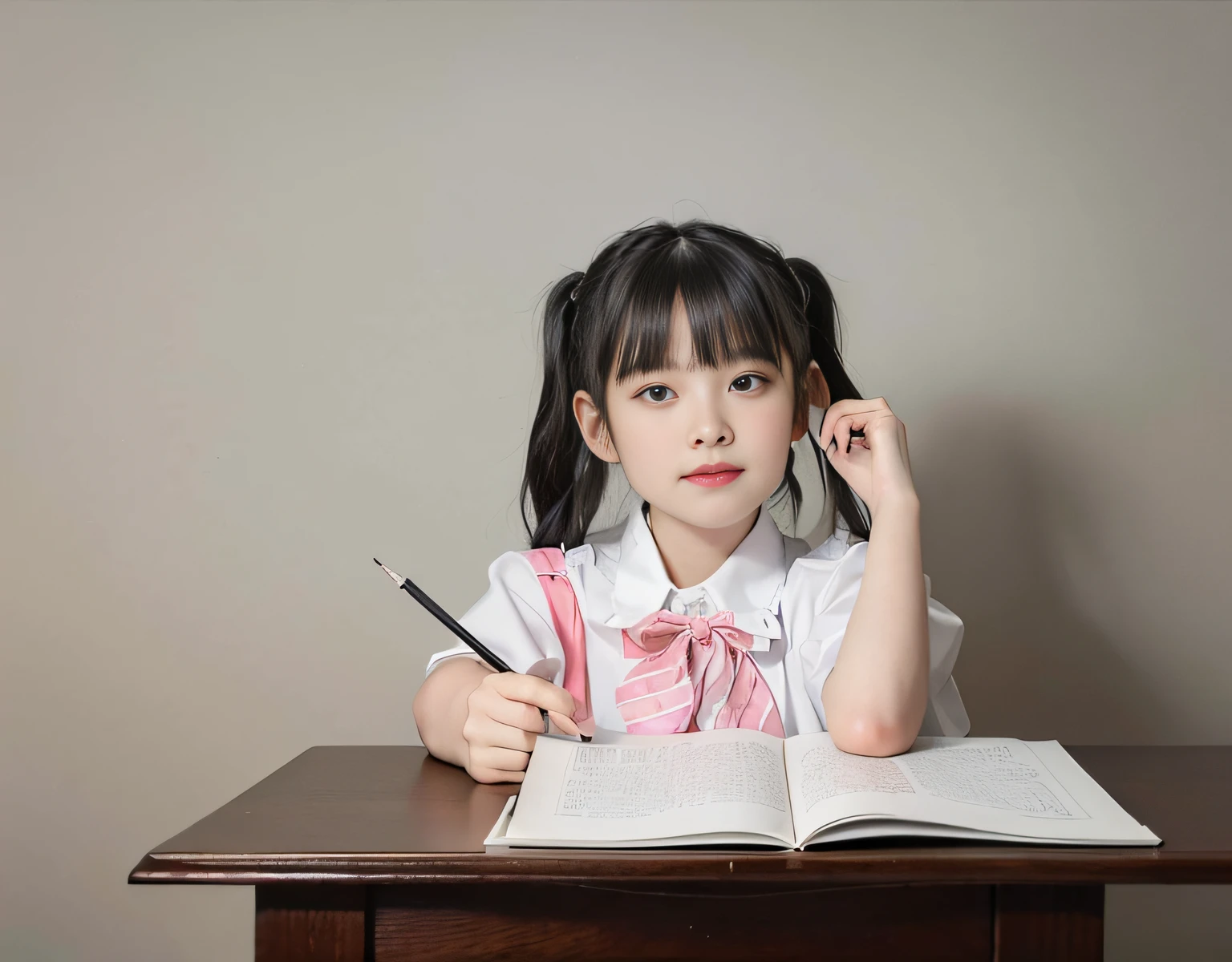 白色房间，白色窗户，有一个年轻女孩坐在桌边，拿一本书和一支铅笔, 两根小辫子的发型, 扎着黑色辫子, 儿童绘画, 辫子发型，自然手指。拿着笔，