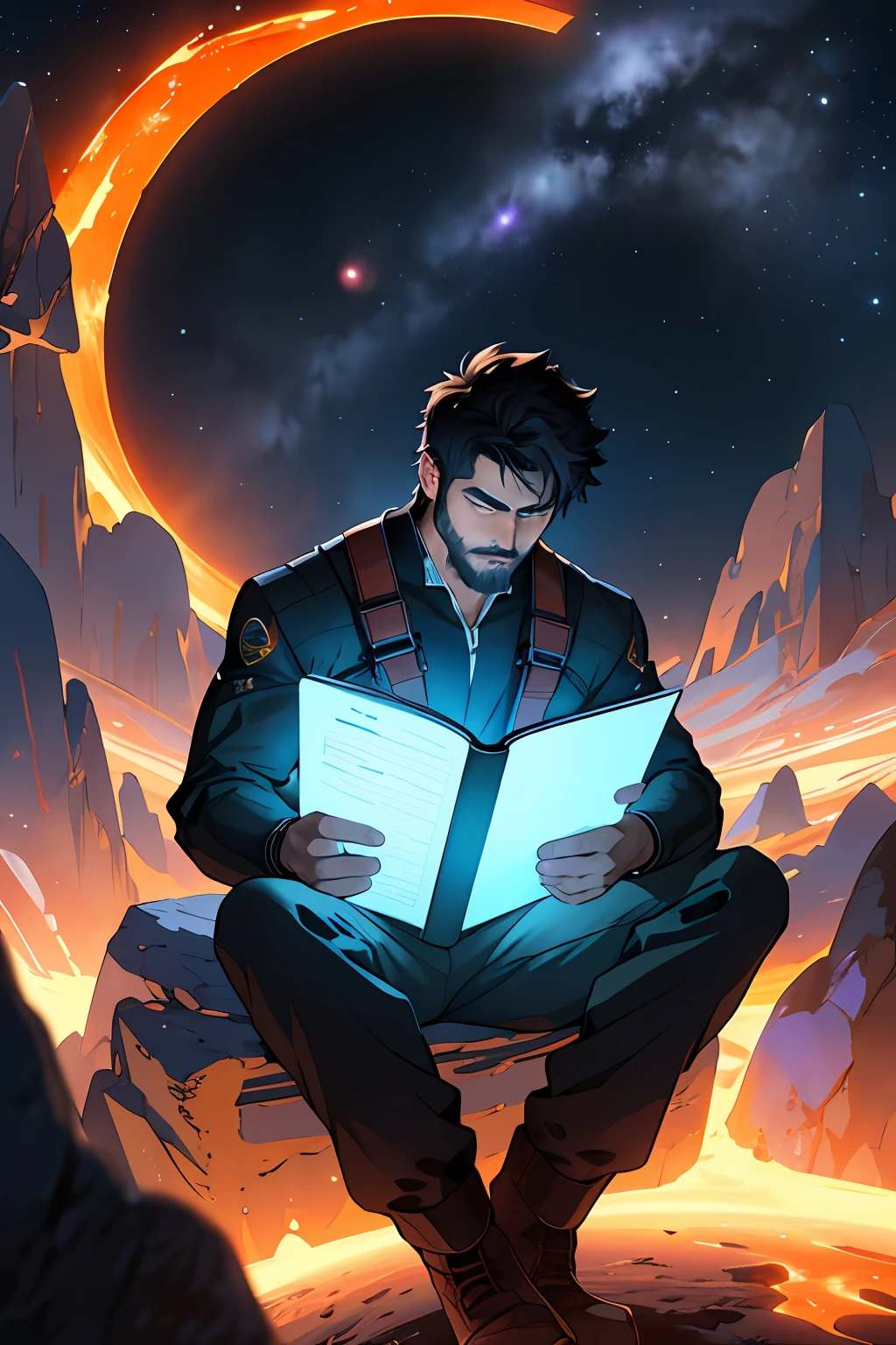 Draw a young programmer, sitting on a research platform floating in the middle of an asteroid belt. He is studying with a notebook, surrounded by several asteroids glowing with fiery auras. Dramatic lighting from distant stars and planets illuminates the scene, casting deep shadows on the suit. The young man looks confident and determined, looking at the vast and mysterious universe with wonder and respect,facial hair, cowboy shot,