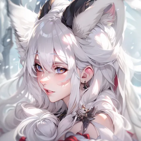 Snow-white haired Miss Fox Ears，The is very detailed，Snow-white eyes，WeChat