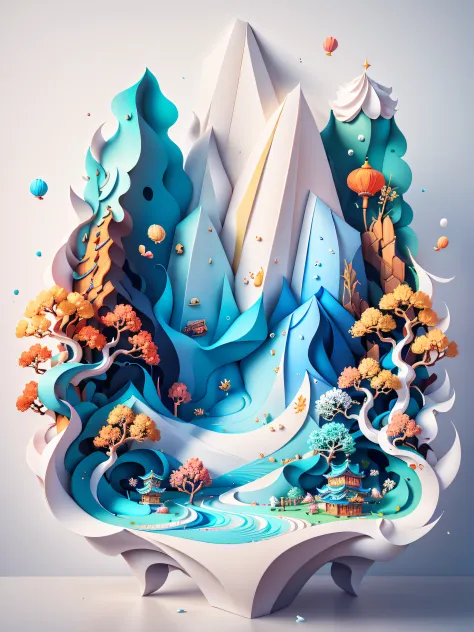 Chinese traditional landscape painting，Cupcakes，Sweet and tasty cake，Paper creation，3D立体渲染，The color gradient varies from white to light blue，4K分辨率，Simple and natural composition，:White background,Fresh and unearthly style。(:Nature:)