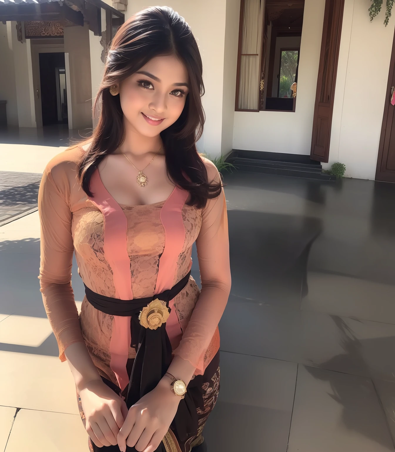 (Best quality, high resolution, Masterpiece: 1.3), a beautiful woman with a slender figure, (dark brown layered hairstyle), wearing a pendant, ((kebaya_bali)) outdoors, scenic beauty, lakes and mountains in distant background, details in face and skin texture beautifully rendered, details eyes, (best quality, high resolution, masterpiece: 1.3), a beautiful woman with a slim figure, (dark brown layered hairstyle),((kebaya_bali)), outdoors, background random, details in face and skin texture beautifully rendered, detail eyes, double eyelids, seductive laugh, feminine laugh, seductive pose