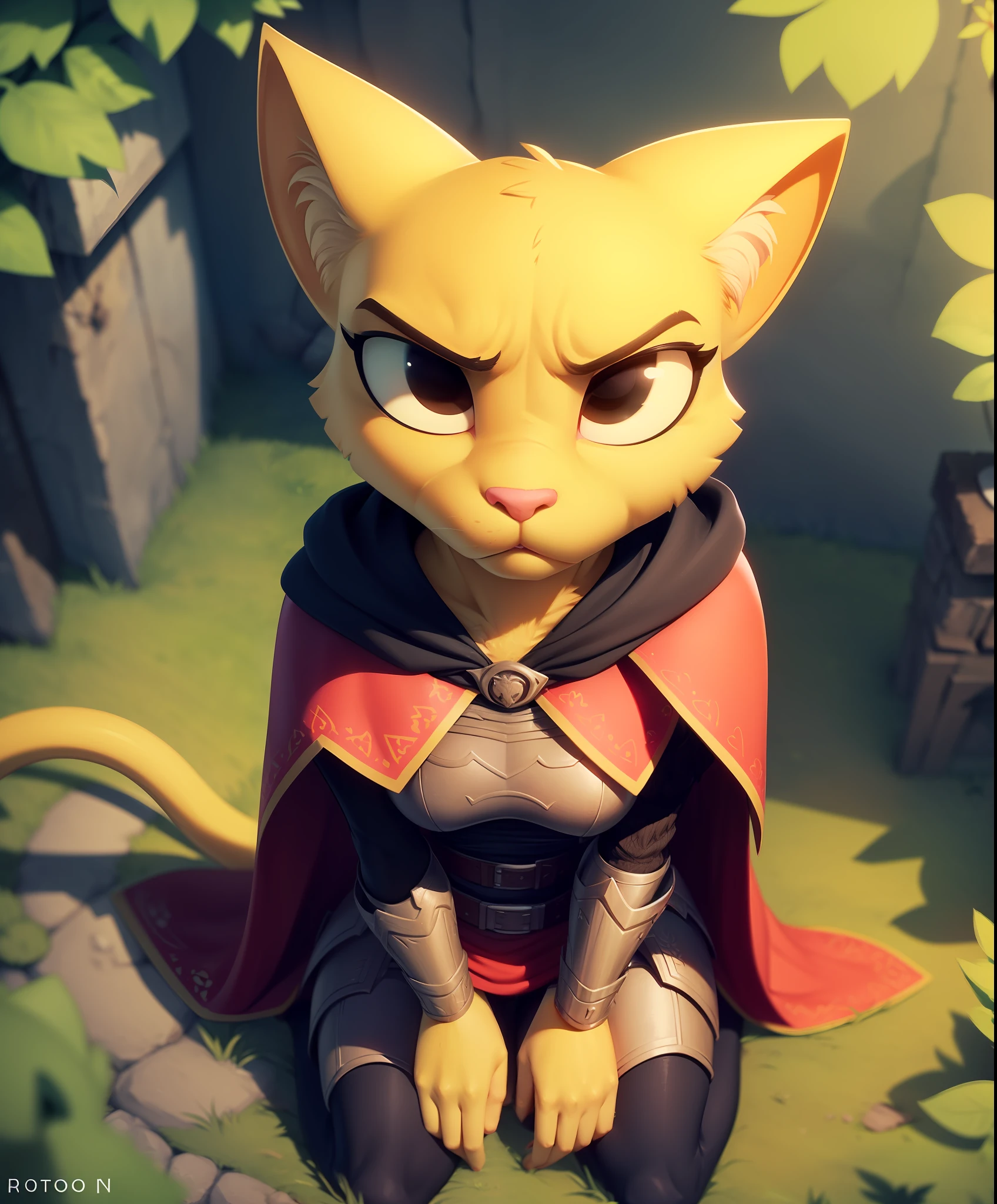 katia, cat girl, furry anthro, solo, (furry body:1.1), (best quality), (kneeling, first person view, high angle view:1.2), looking at viewer, (grumpy, frown, embarrassed, pouting, angry:1.2), outdoors skyrim background, (long yellow tail), (brown cape, brown hood), octane render, romantic lighting, (detailed fluffy fur),