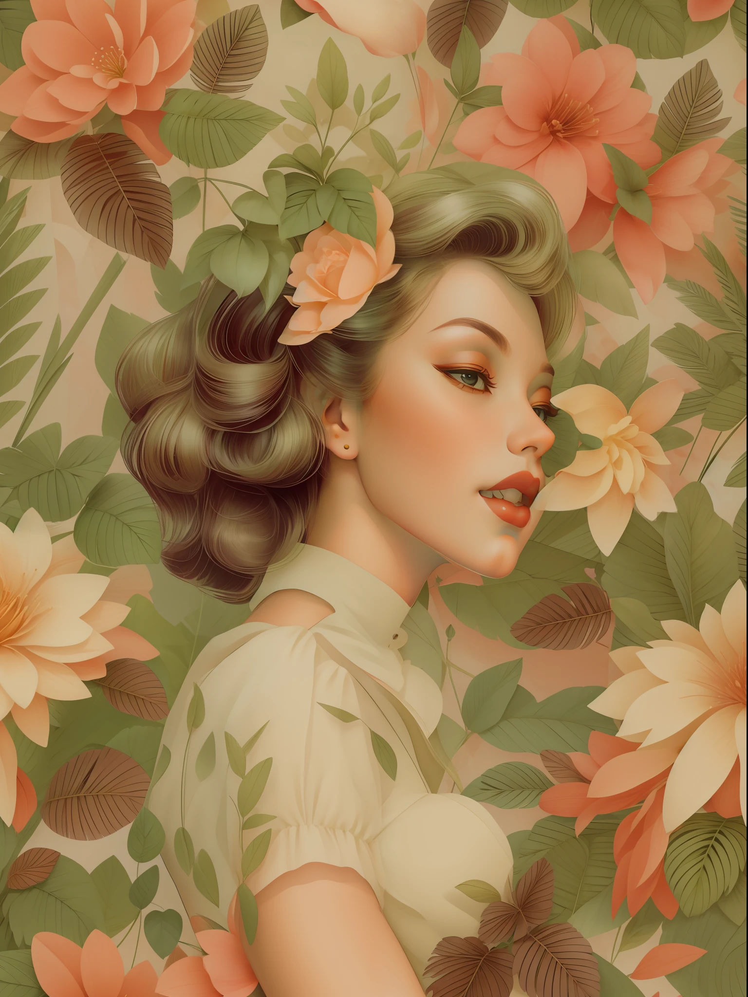 vieux, ancien, pin-up, fleurs, feuilles