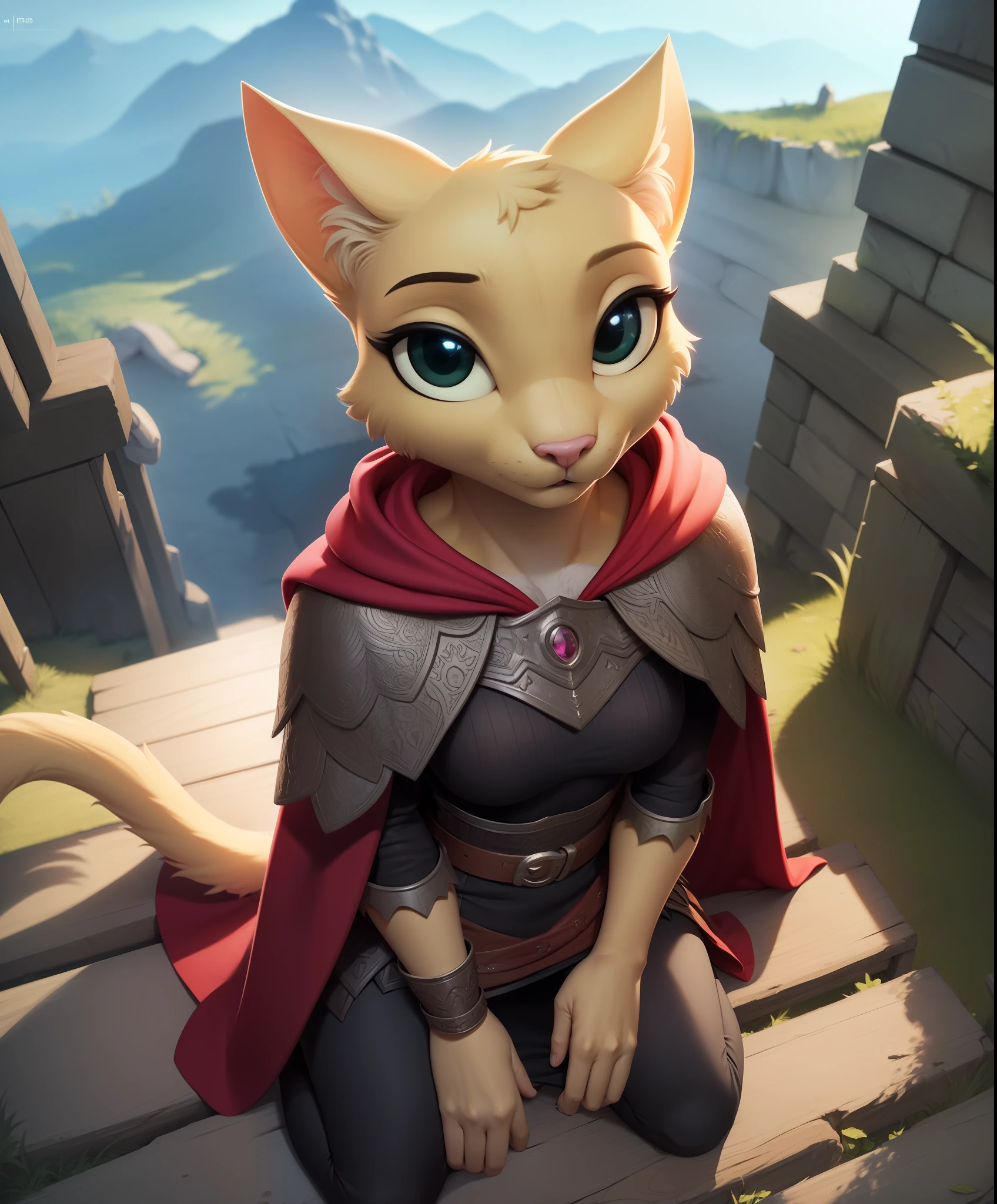 katia, cat girl, furry anthro, solo, (furry body:1.1), (best quality), (kneeling, first person view, high angle view:1.2), looking at viewer,  outdoors skyrim background, (long yellow tail), (brown cape, brown hood), octane render, romantic lighting, (detailed fluffy fur),