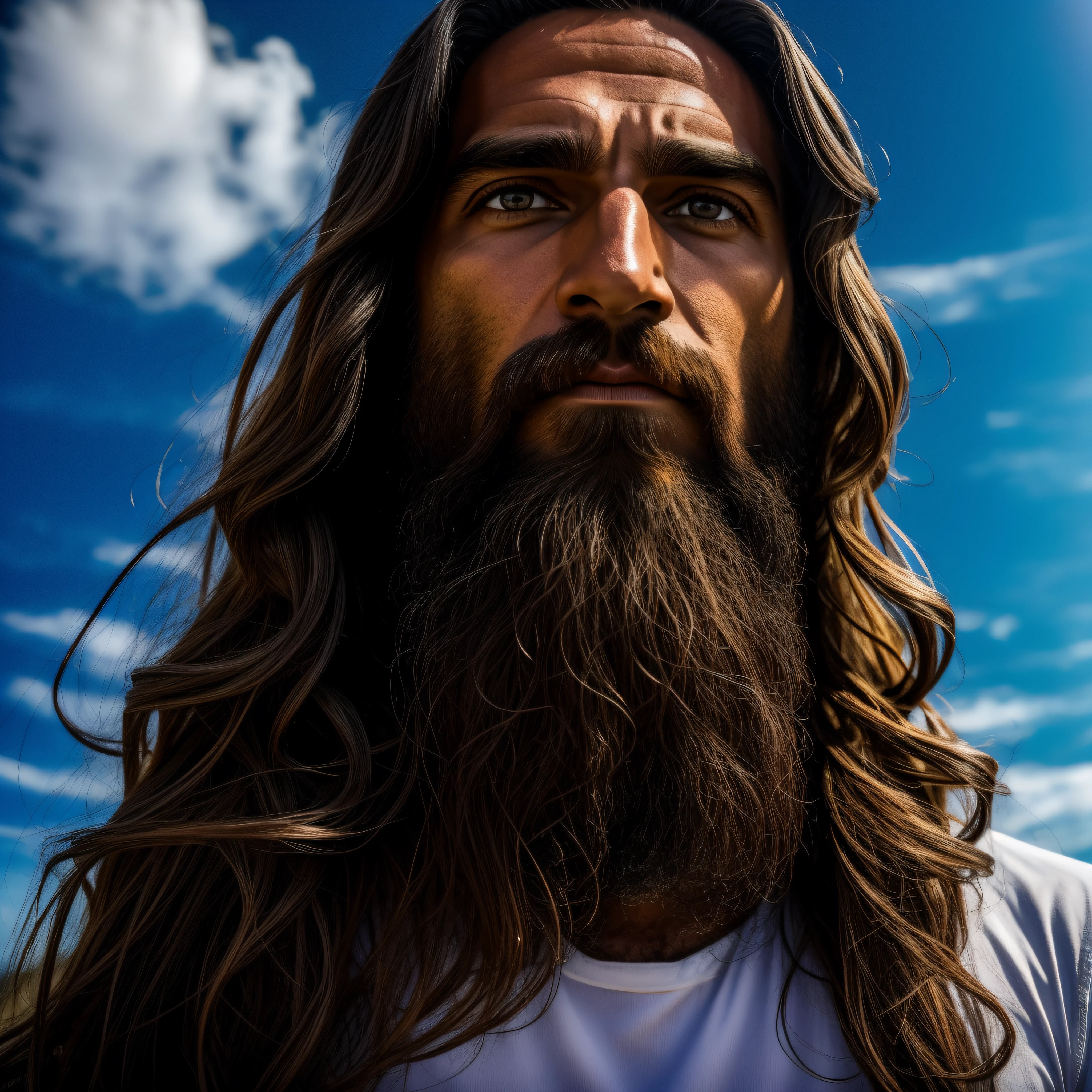 An epic photograph of Jesus Christ, com eyes browns, amorous, sweet, affable, nice, dark shaped eyes, honey-colored eyes, intense and penetrating eyes, eyes browns, short beard, JesusChrist, framed with an antique faded tattered white linen hood, reflecting golden sparks in the irises of the eyes, Day Light, hight contrast, sky sky background sky blue sky,  highes definition, Hyper-Realism, hyper realist, photorrealistic, high resolution, HDR Fotografia, 8k