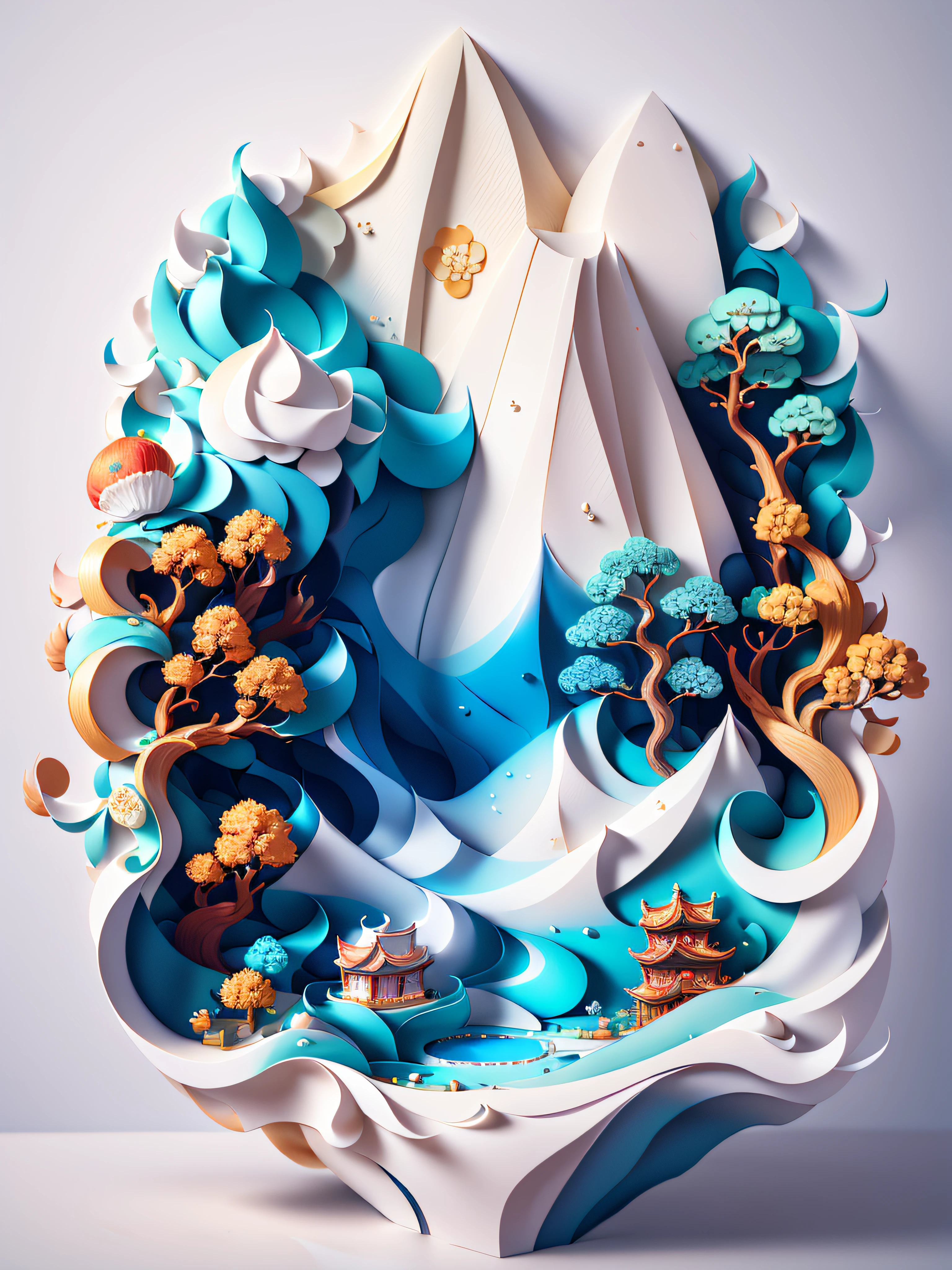 Chinese traditional landscape painting，Cupcakes，Sweet and tasty cake，Paper creation，3D立体渲染，The color gradient varies from white to light blue，4K分辨率，Simple and natural composition，:White background,Fresh and unearthly style。(:Nature:)