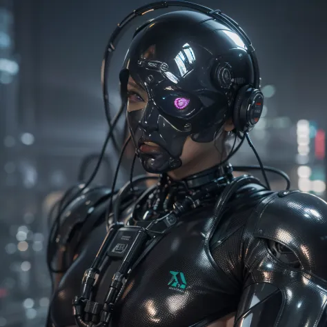 (An Aalfid man wearing a black transparent latex suit，Translucent latex garments：1.5)，（Metallic body, bionic scifi alexandre ferra, cyborg neck, cyborg male, male cyborg, cyborg fashion model, portrait of a cyborg, detailed portrait of a cyborg, cybernetic...