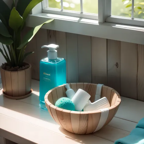 A white basket containing two combs made of sandalwood material, accompanied by a white towel and soap. A bottle of shower gel is placed on top of the towel, surrounded by green plants in a rustic style with refreshing summer tones of azure blue and light ...
