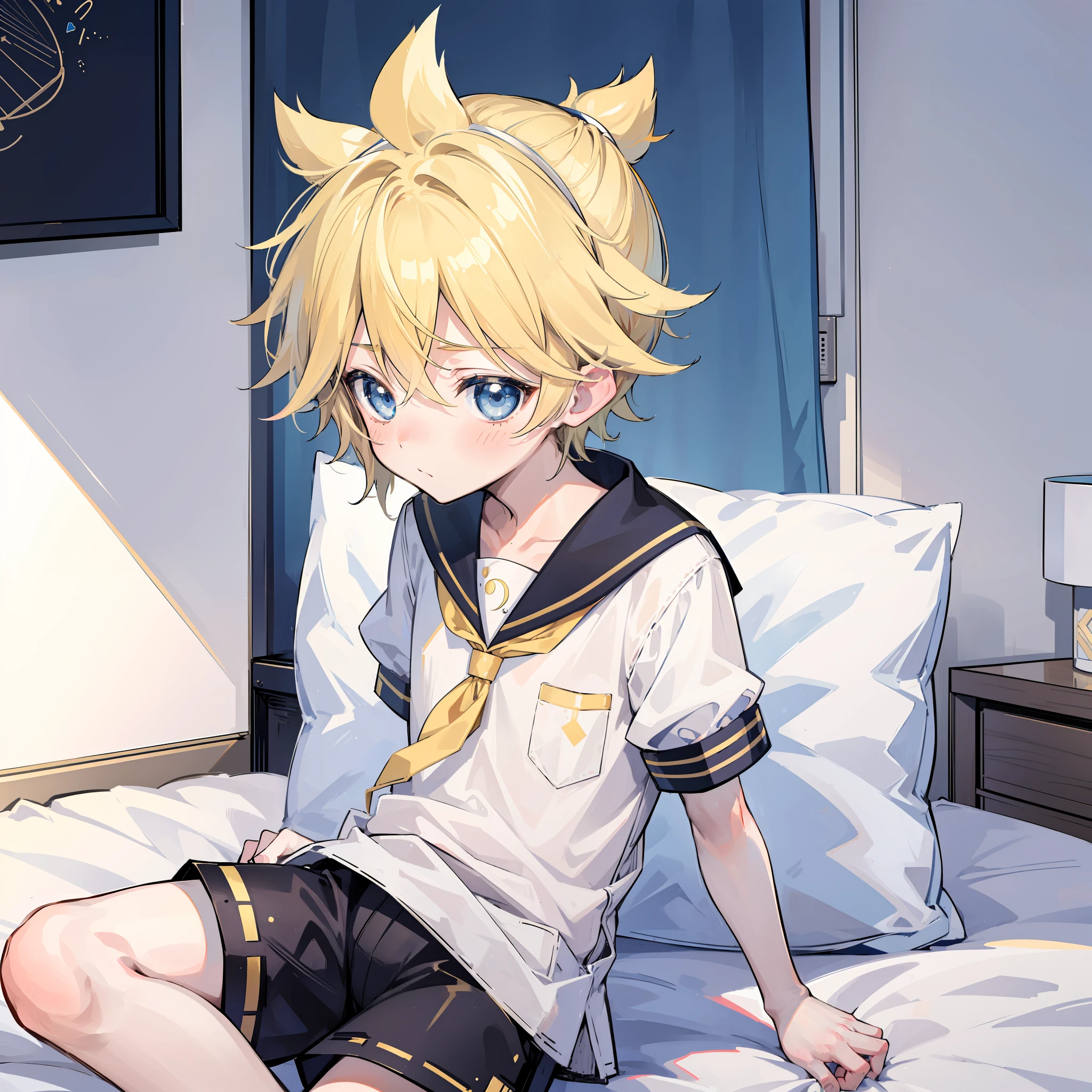 best quality, ultra precision, one boy, (boy is Len_Kagamine), blue eyes, blond hair, young, cute, blush, teenager, shota, boy is cowlick, men's sailor uniform, cool, shy, on bed, black short pants, character focus, he loves you