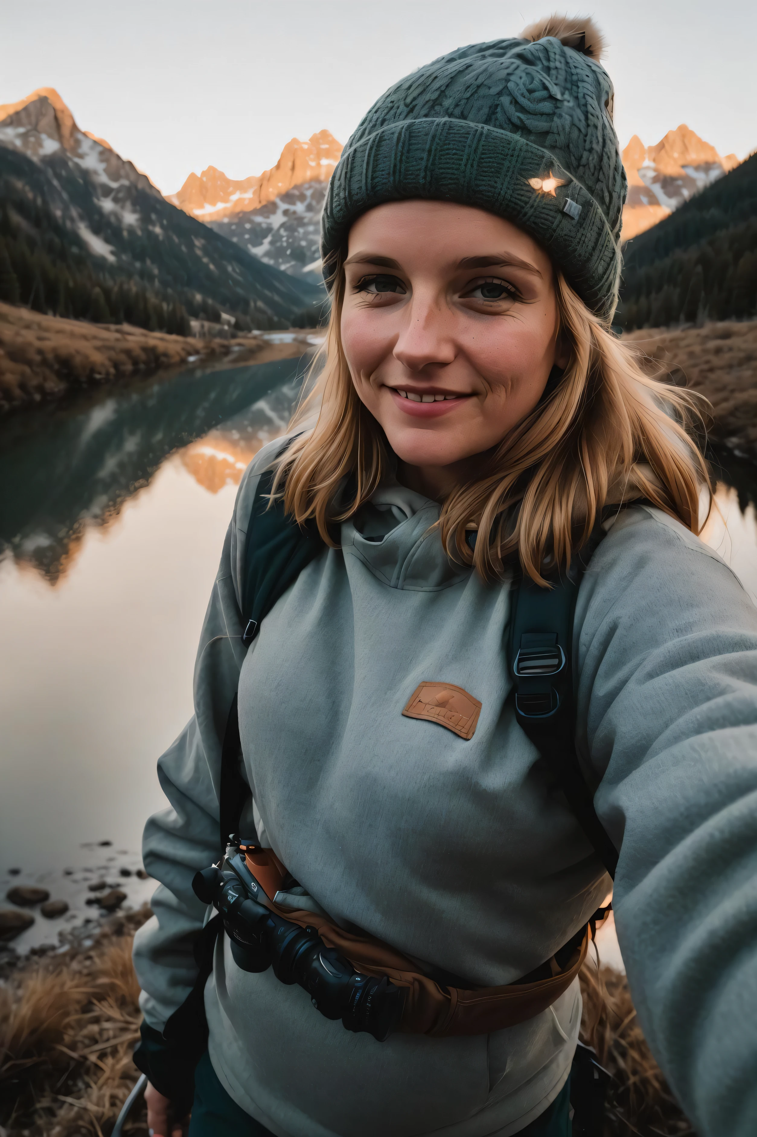 1 woman((upper body selfie, happy)), masterpiece, best quality, ultra-detailed, solo, outdoors, (night), mountains, nature, (stars, moon) cheerful, happy, backpack, sleeping bag, camping stove, water bottle, mountain boots, gloves, sweater, hat, flashlight, forest, rocks, river, wood, smoke, shadows, contrast, clear sky, analog style (look at viewer:1.2) (skin texture) (film grain:1.3), (warm hue, warm tone)
:1.2), close up, cinematic light, sidelighting, ultra high res, best shadow, RAW, upper body, old man, wearing pullover