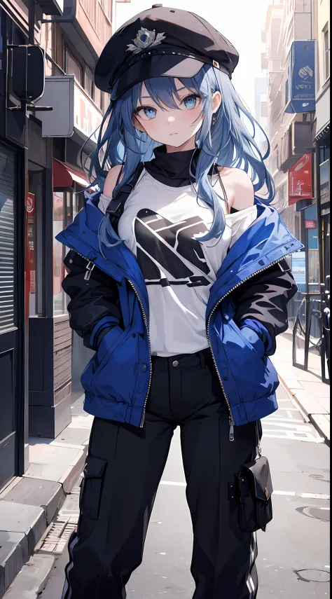 masterpiece,1girl,solo,long hair,blue hair, open jacket, off shoulder:1.2, mob cap, street,hand on hip, hand in pocket, long pants,