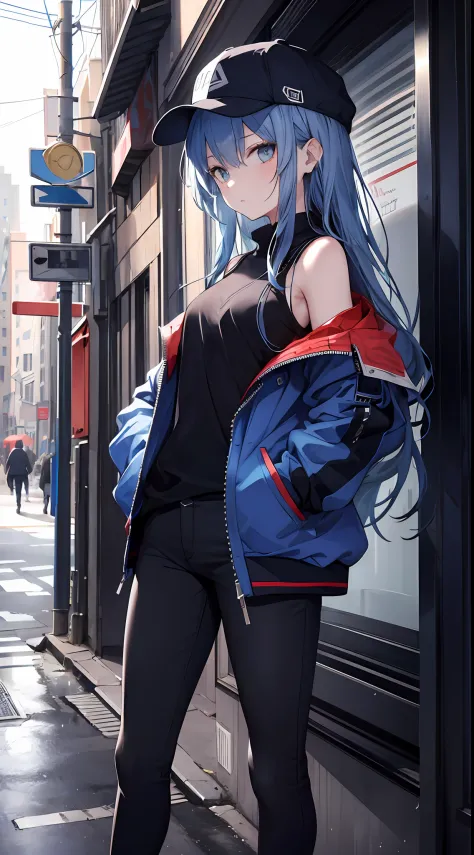 masterpiece,1girl,solo,long hair,blue hair, open jacket, off shoulder:1.2, mob cap, street,hand on hip, hand in pocket, long pants,