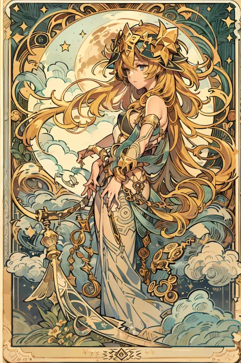 female mage，Raised sexy，Bend over and bend your hips， with long coiled hair， blond hairbl， Flower frame， Decorative panels， abst...