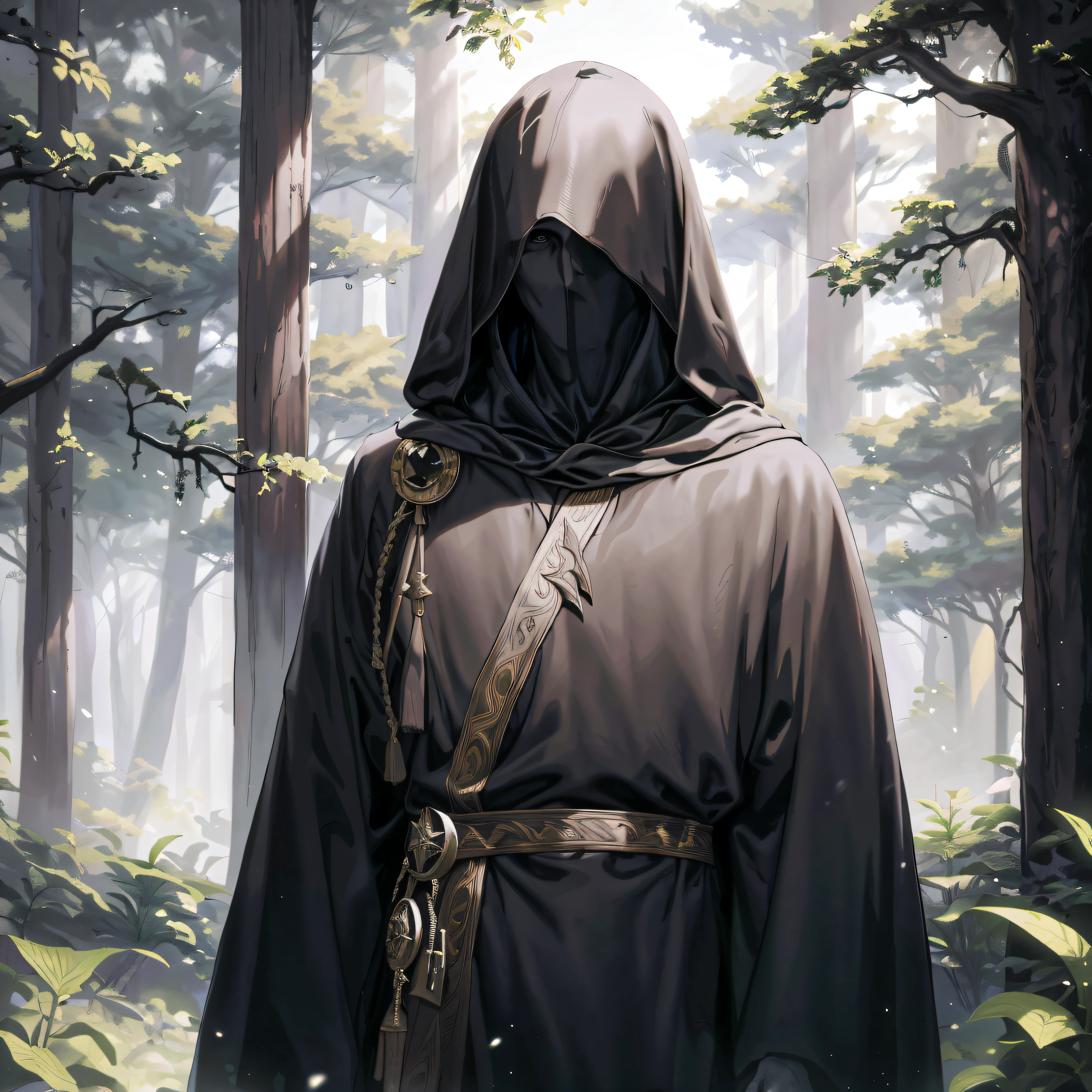 arafed hooded man in a forest with a hood on, cloaked, dark cloaked figure, portrait of a forest mage, dark hooded wraith, dark cloaked necromancer, dark robed, dark robe, hooded cloaked sith lord, wearing dark robe, black cloak hidden in shadows, wearing a flowing cloak, robed, dark flowing robe