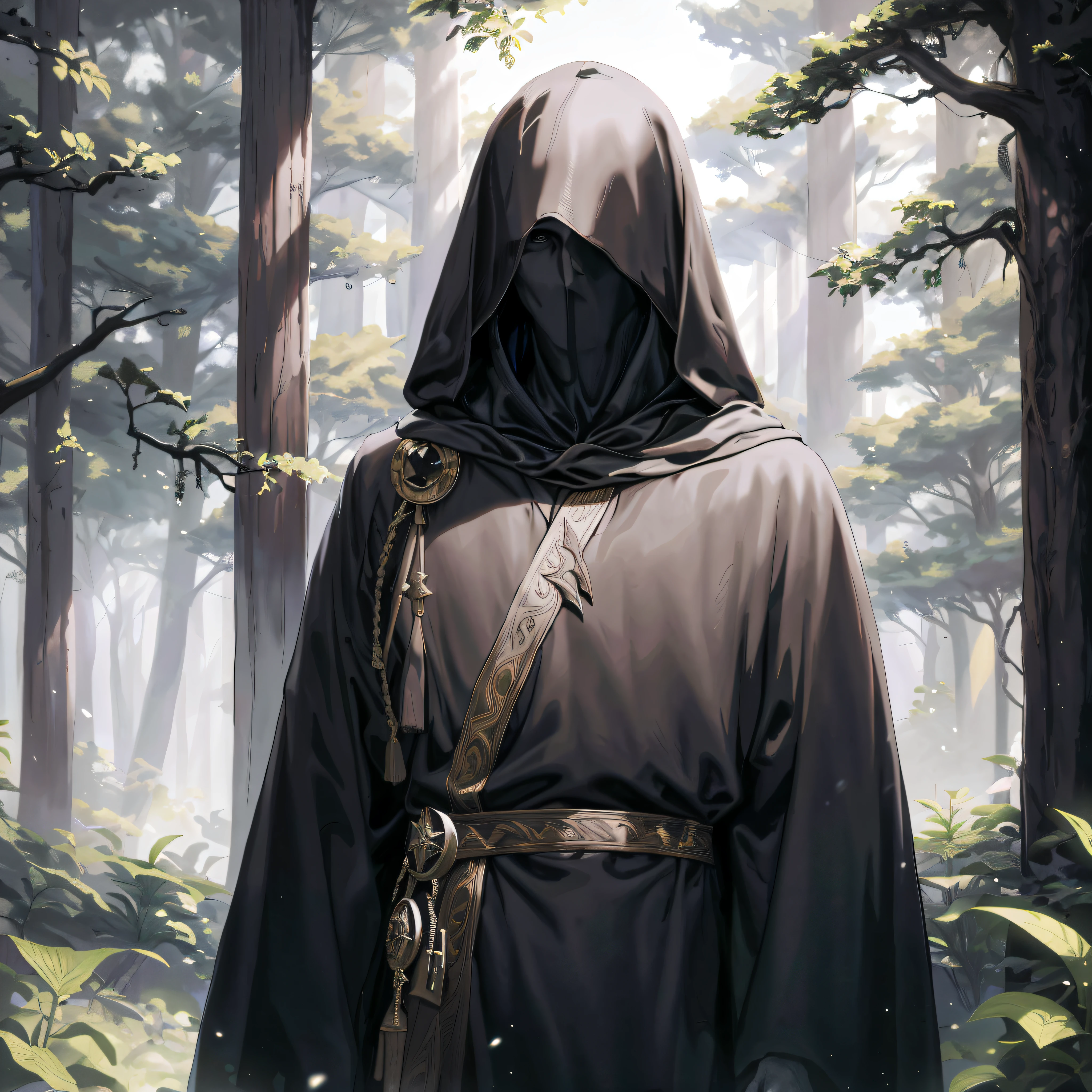 arafed homme cagoulé dans une forêt avec une capuche, Masqué, dark Masqué figure, portrait d&#39;un mage forestier, spectre à capuche sombre, dark Masqué necromancer, dark en robe, robe sombre, hooded Masqué sith lord, wearing robe sombre, manteau noir caché dans l&#39;ombre, Porter une cape fluide, en robe, robe sombre et fluide