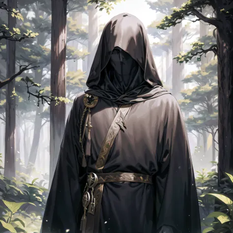 arafed hooded man in a forest with a hood on, cloaked, dark cloaked figure, portrait of a forest mage, dark hooded wraith, dark ...