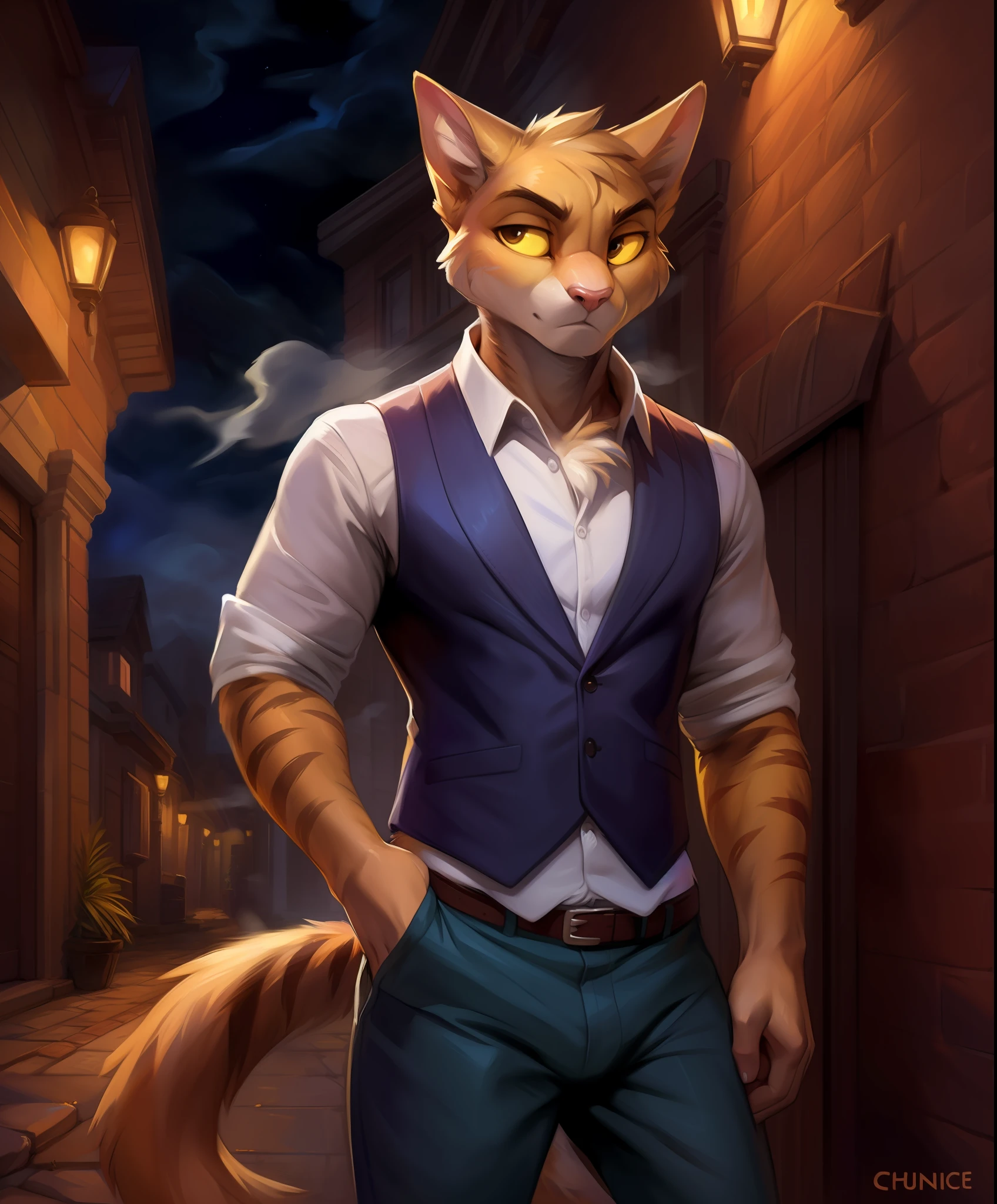 anthro, (1boy), male focus, zib, (shan):1.4, frown, anthro, furry, cat, cat boy, (detailed clear face), (neck tuft), fluffy:1.3, cat tail, clear yellow eyes, ((colored sclera)), (black pupils), ((serious, look away)), (orange body, white fur, stripes),detailed background, streets, brick wall, street lights, (((night))), ((unbuttoned red vest, shirt, pants, hands in pockets, messy, scruggly)), wide angle view, standing,male focus, male, (front view:1.3), drunk, anthro, slim male, athletic male, hi res, 8k hd, extreme detail, detailed background, ((musk cloud)), masterpiece, by Pino Daeni, by chunie, by einshelm, solo, detailed background, upper body, ((skinny)), cropped, (((upper body))), headshoot,