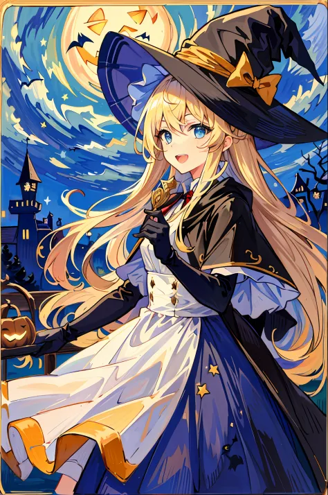 ((masterpiece:1.2, best quality)), 1girl, solo, (witch hat), blonde hair, long hair, dress, aurora, night, star (sky), gloves, s...