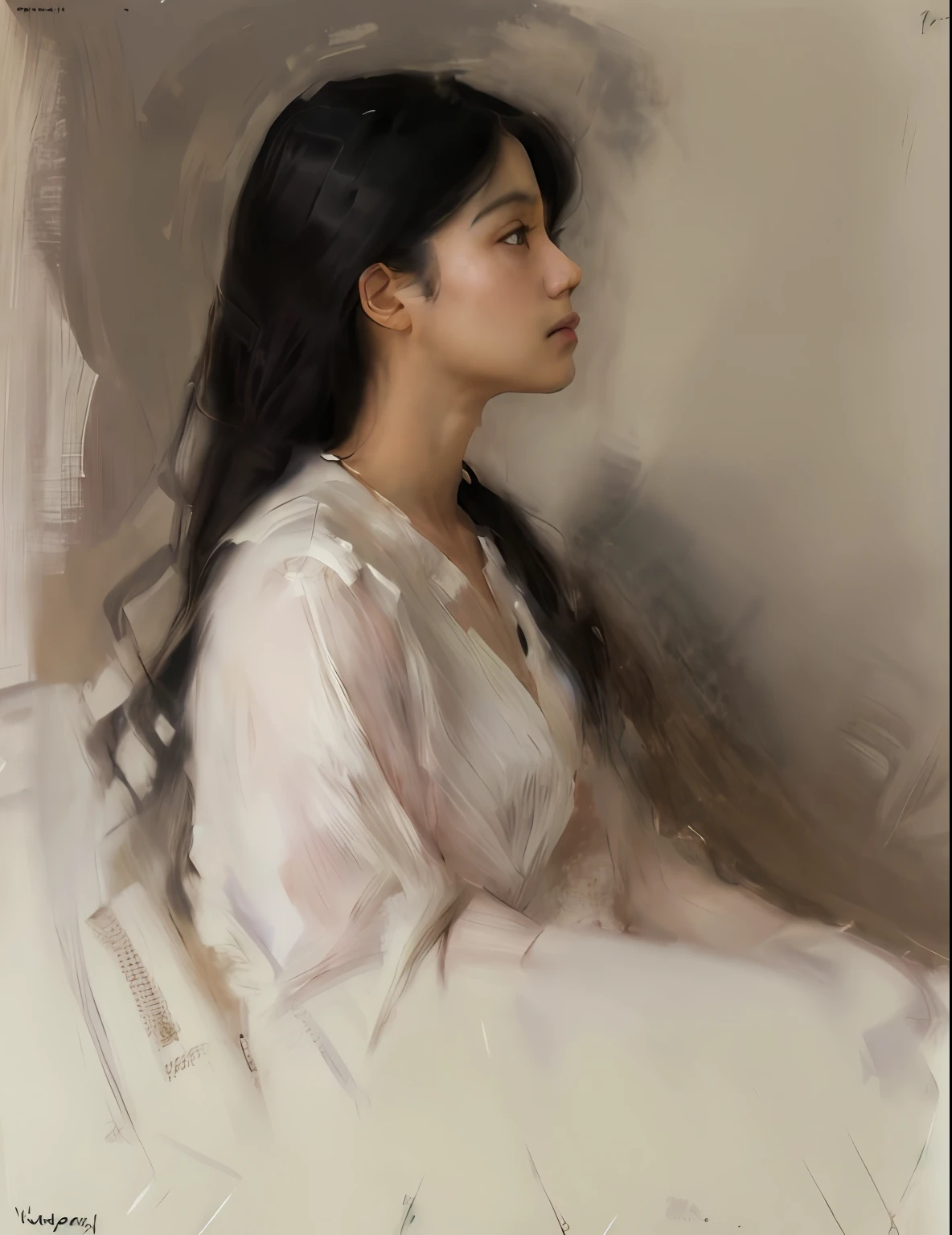 sargent,mucha, Rey,tela, 1 chica, pelo negro, pelo largo, Realista, perfil, labios, boca cerrada, camisa,