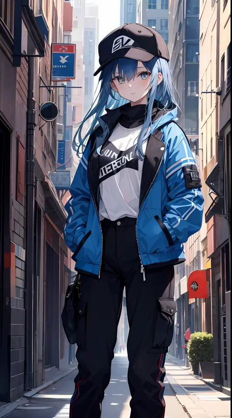 masterpiece,1girl,solo,long hair,blue hair, open jacket colors, mob cap, street, hand on hip, hand in pocket, long pants,