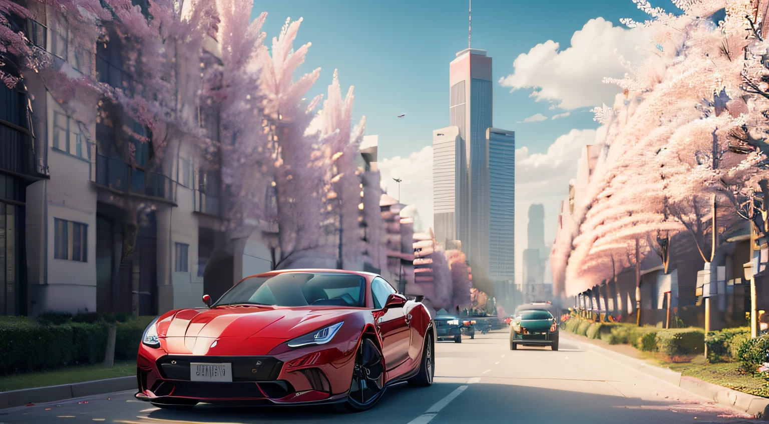 Arafede red sports car driving on the city streets of cherry blossom trees, fine details 8k octane rendering, japonisme 3 d 8 k ultra detailed, photorealistic cinematic render, high detail 8 k render, high detail 8k render, Rendered in Lumion Pro, 8 k octane comprehensive render, photorealistic streetscape, 8 k cg render, semi - realistic render，High-rise buildings like Dubai