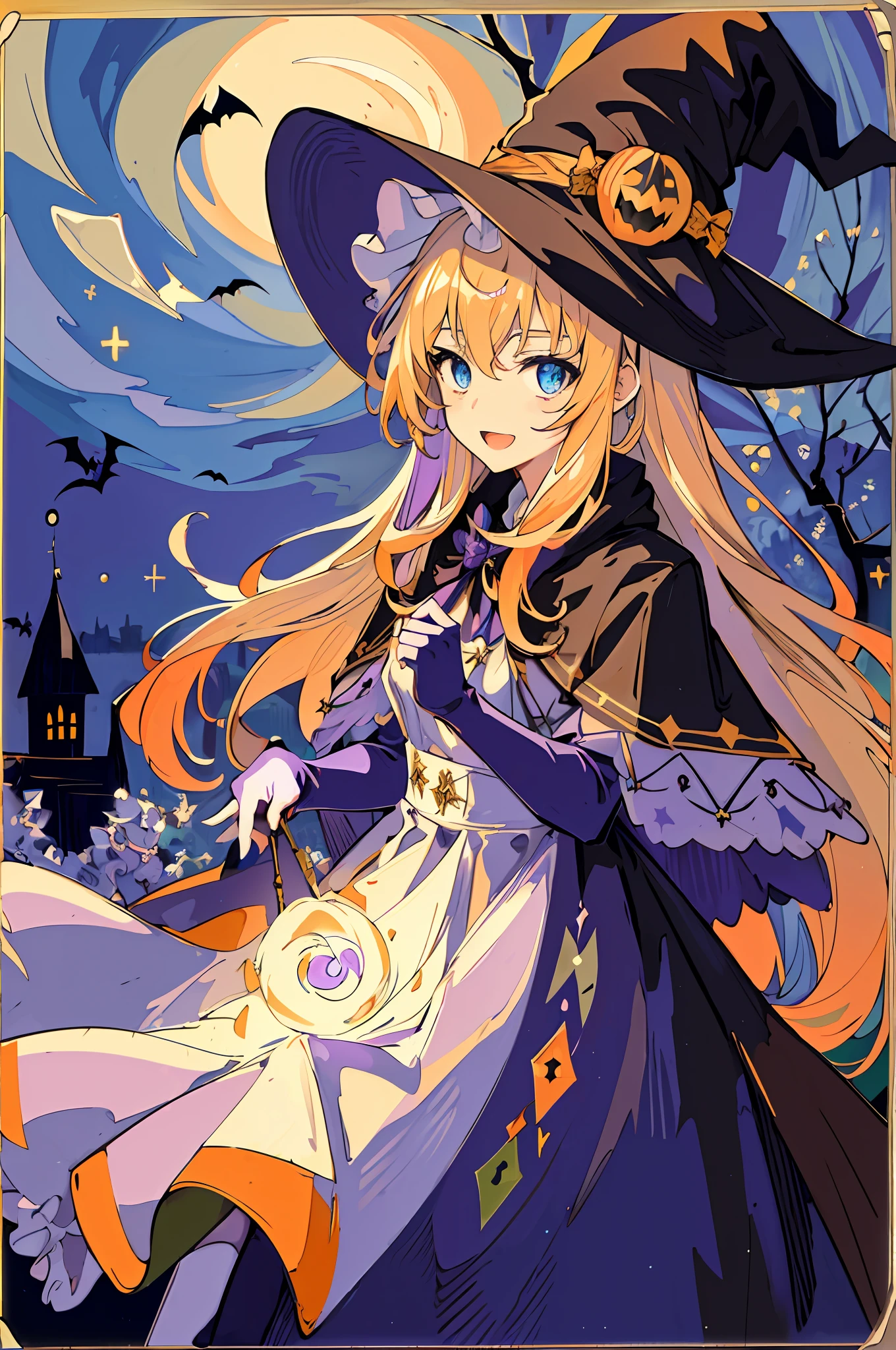 ((masterpiece:1.2, best quality)), 1girl, solo, (witch hat), blonde hair, long hair, dress, aurora, night, star (sky), gloves, sky, white dress, night sky, open mouth, starry sky, blue eyes, ribbon, very long hair, red dress, smile, hair ribbon, cape, blue hair, (bird), magic, casting spell, dark clouds, night, (impressionism:1.4), (tarot:1.3), alphonse mucha, ((bright halloween purple, yellow, blue, orange colors)), ((bright colorful candy))