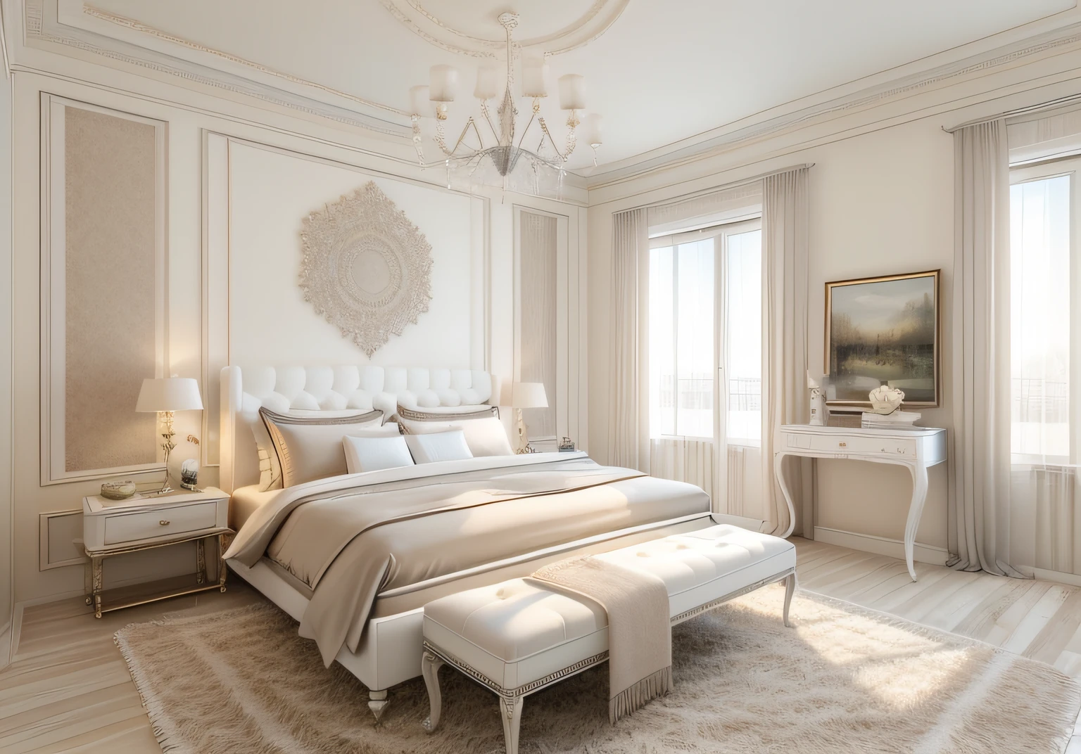 best quality, master picece, hyper detail, supper detail, best realistic, (classical bedroom, beautiful lighting, shimmering)|[dreamy:1.2+airy:0.9],((whiten tone:1.5)), (art on head bed )))