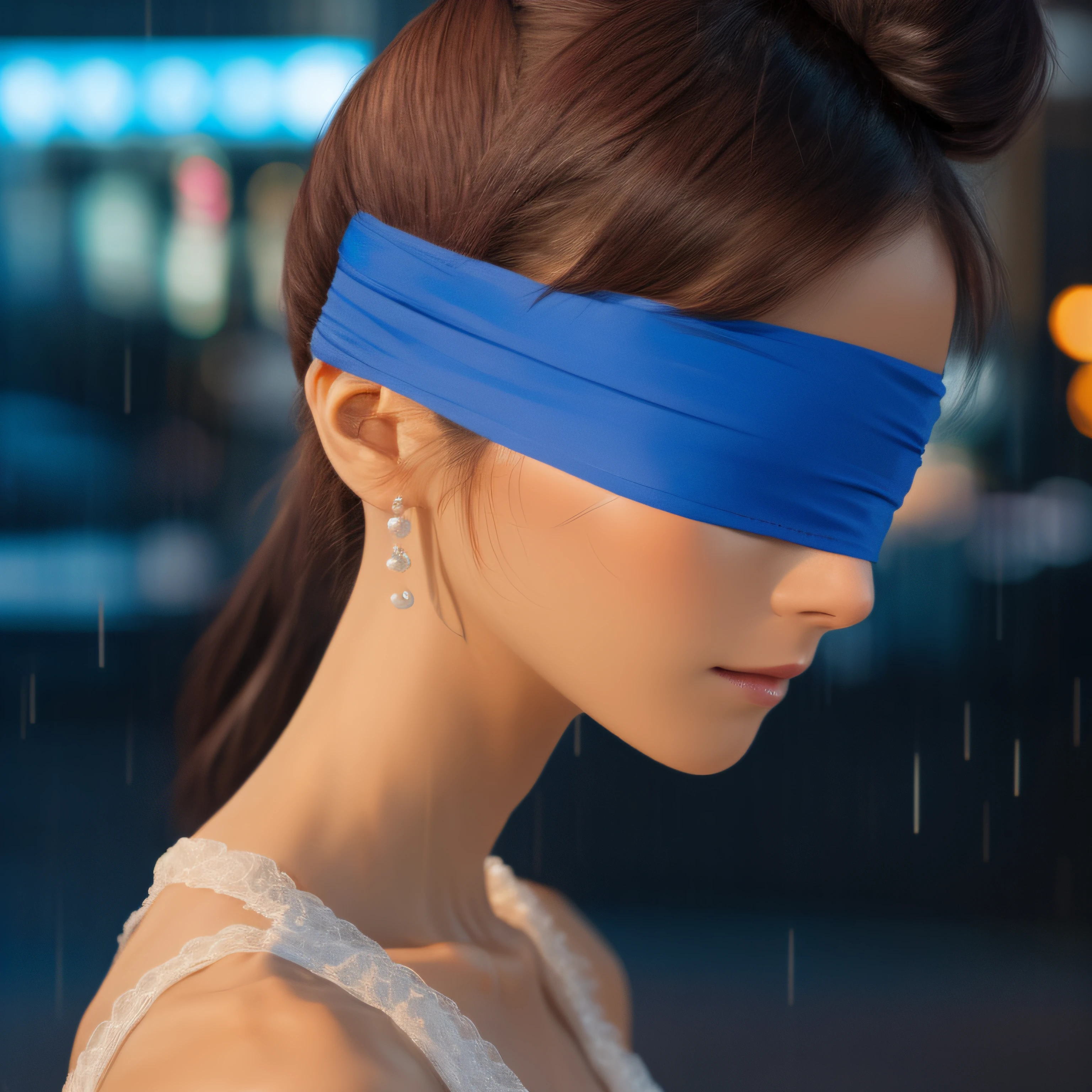 A close up of a woman with a blindfold on her face - SeaArt AI