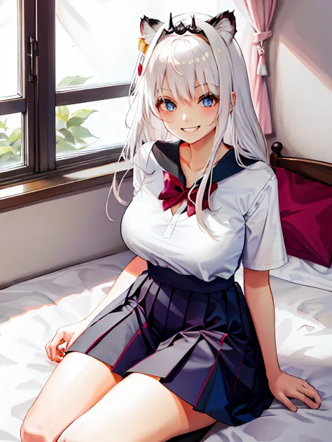 Lazy，White hair，1girll，Solo，tmasterpiece，Top image quality，is shy，sobu，Sit on the bed，Dull hair，JK school uniform，adolable，White...