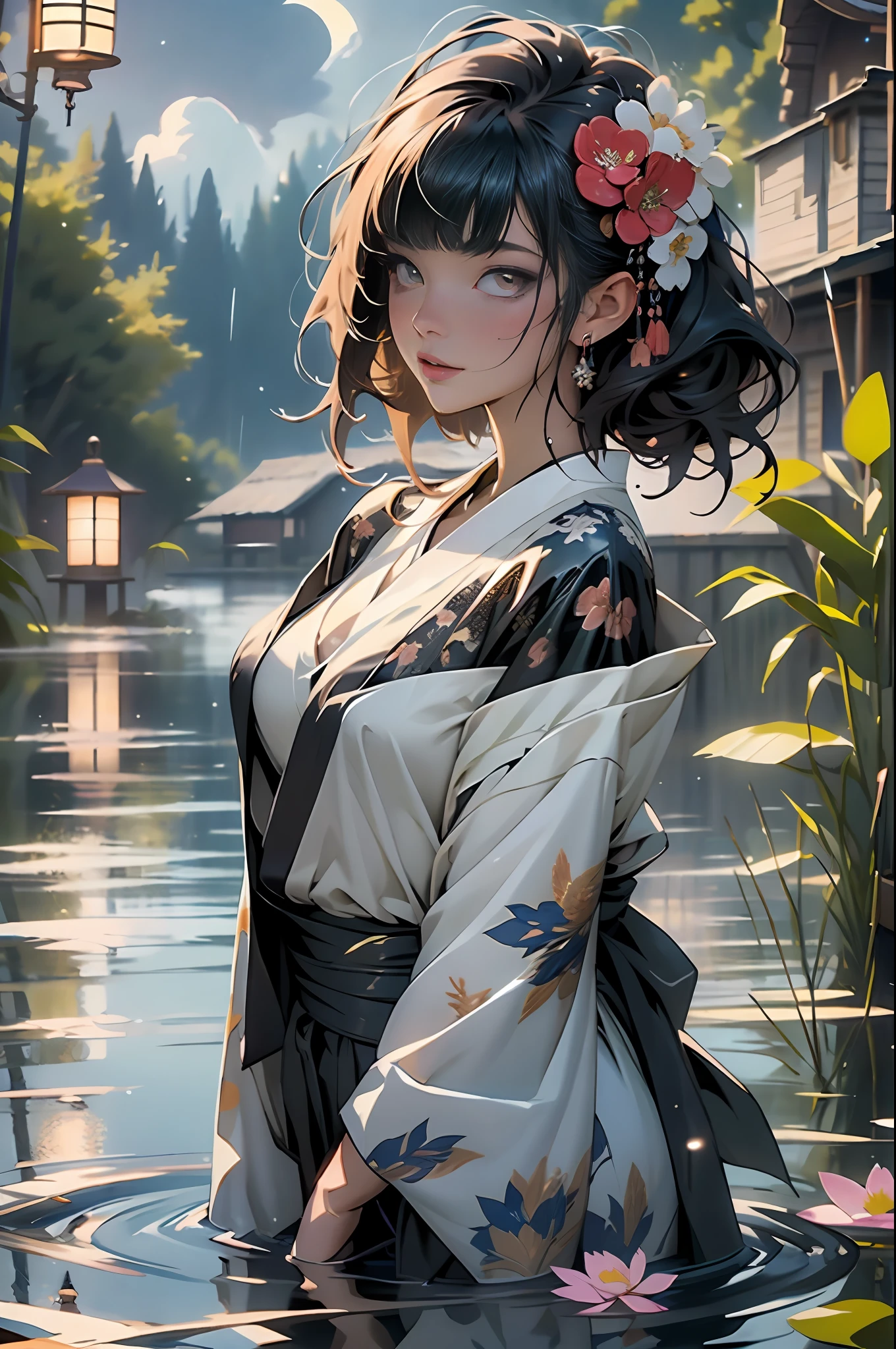 1girl, breasts, moon, lantern, night, solo, large breasts, hair ornament, wet, kimono, japanese clothes, wading, water, hair flower, flower, outdoors, sky, full moon, rain, black hair, off shoulder, mountain, cloud, holding, sash, bare shoulders, paper lantern, standing, white kimono, night sky, sideboob, obi, wet clothes, bangs, tree, from side, reflection, short hair, cloudy sky, wet hair {{(masterpiece),(extremely detailed CG unity 8k wallpaper),best quality,,solo,1girl,cinematic lighting,detailed background,beautiful detailed eyes,bright pupils, (an extremely delicate and beautiful),(Beautiful and detailed eye description)， ultra-detailed,masterpiece,}},