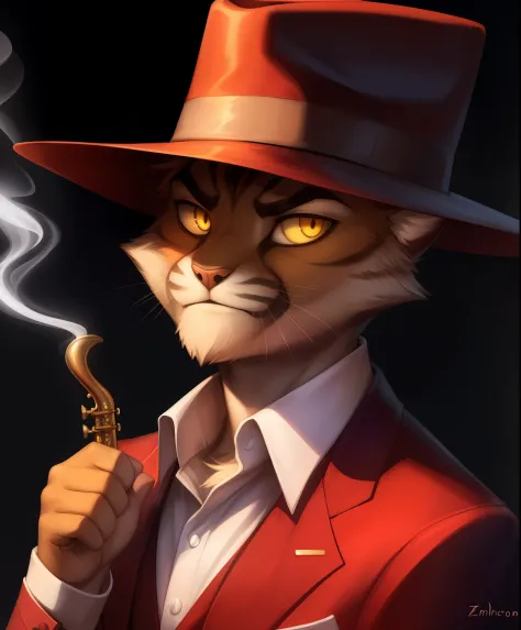 anthro, (1boy), male focus, Zib, (shan):1.4, frown, anthro, furry, cat, detailed hands, (detailed clear face), (5 fingers), orange body, fluffy, cat tail, clear yellow eyes, colored sclera, (black pupils), ((smile)), three-quarter view, (portrait, pink lig...