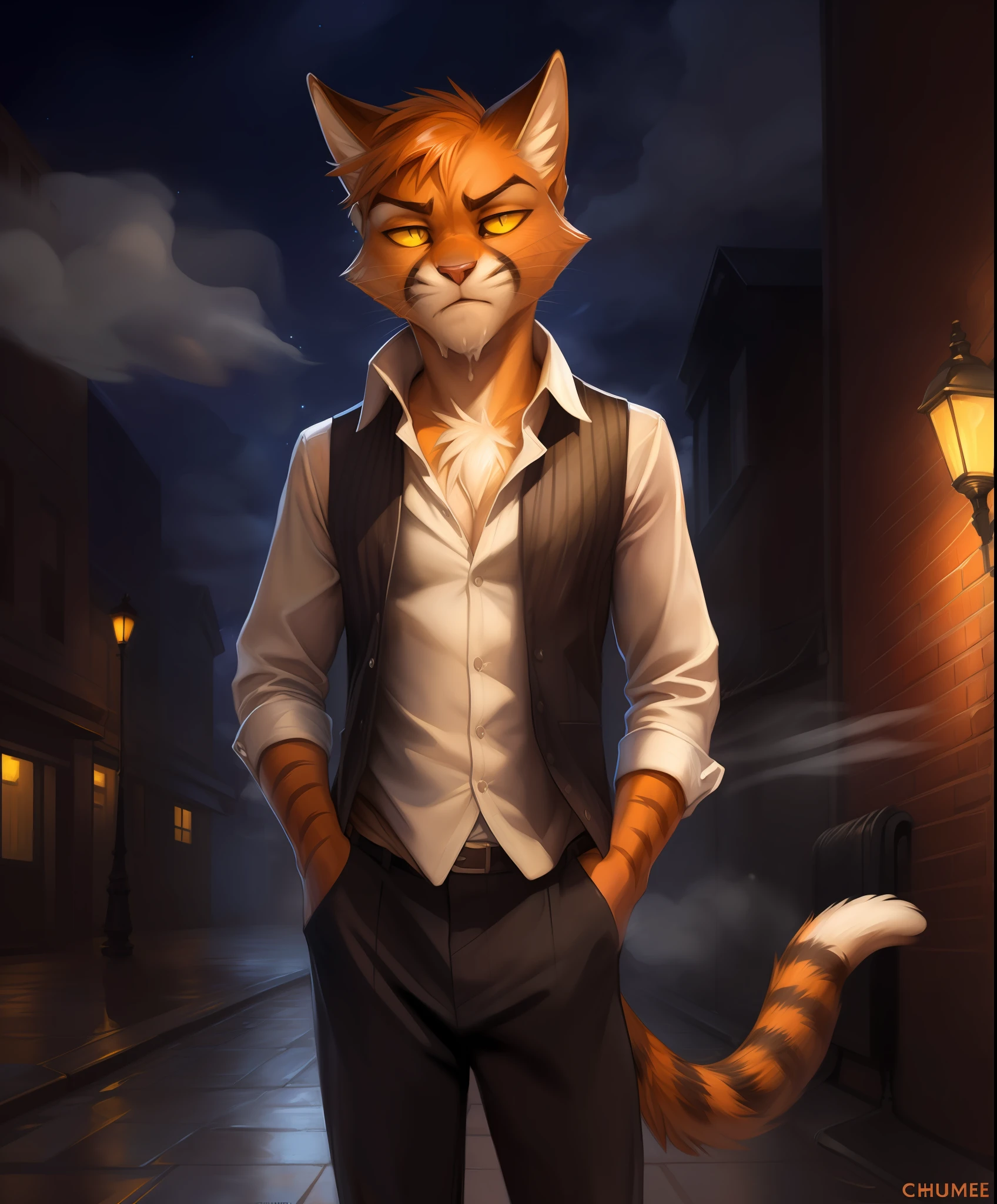 anthro, (1boy), male focus, zib, (shan):1.4, frown, anthro, furry, cat, cat boy, (detailed clear face), (neck tuft), fluffy:1.3, cat tail, clear yellow eyes, ((colored sclera)), (black pupils), ((serious, look away)), (orange body, white fur, stripes),detailed background, streets, brick wall, street lights, (((night))), ((unbuttoned red vest, shirt, pants, hands in pockets, messy, scruggly)), wide angle view, standing,male focus, male, (front view:1.3), drunk, anthro, slim male, athletic male, hi res, 8k hd, extreme detail, detailed background, ((musk cloud)), masterpiece, by Pino Daeni, by chunie, by einshelm, solo, detailed background, upper body, ((skinny)), cropped, (((upper body))), headshoot,