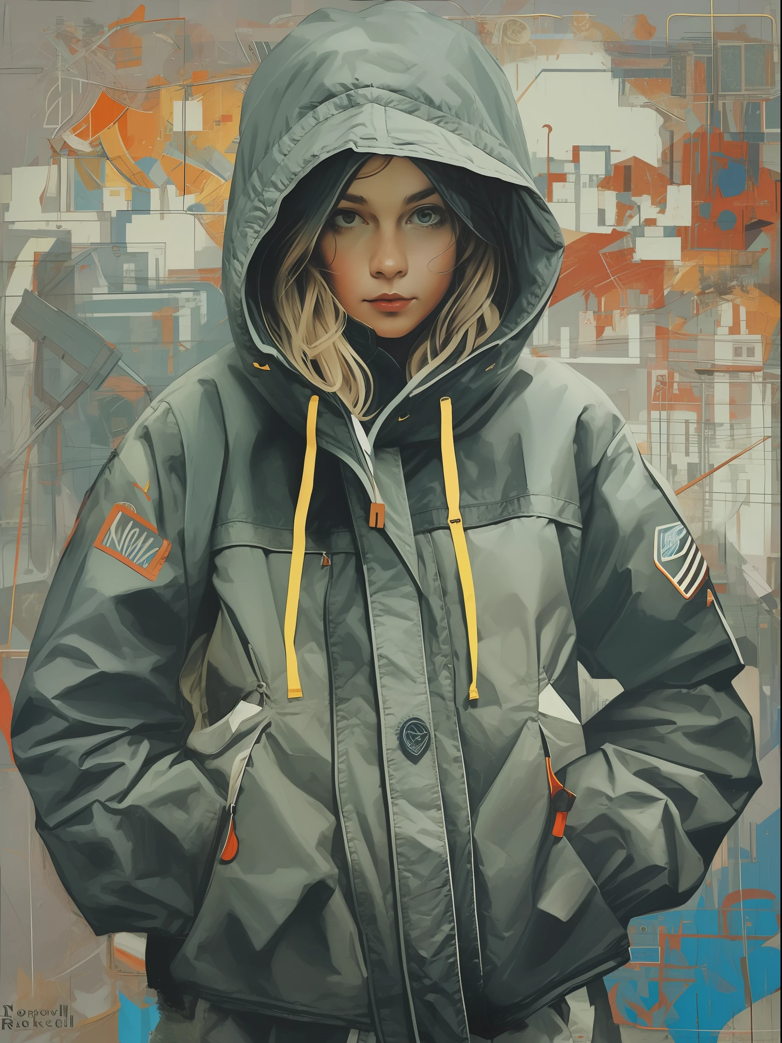1 穿着机能夹克的可爱女孩, 带兜帽, 抽象的背景, 受诺曼·洛克威尔启发的艺术.