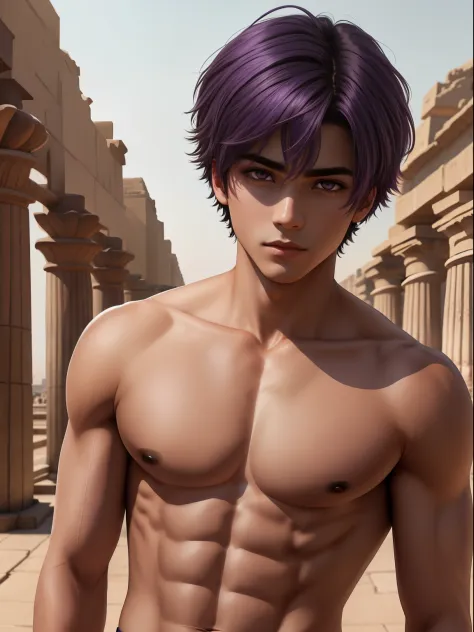 Ojos violetas masculinos masculinos definidos , mongrel violet hair teenager 15 years shirtless skin broced clothes of ancient E...