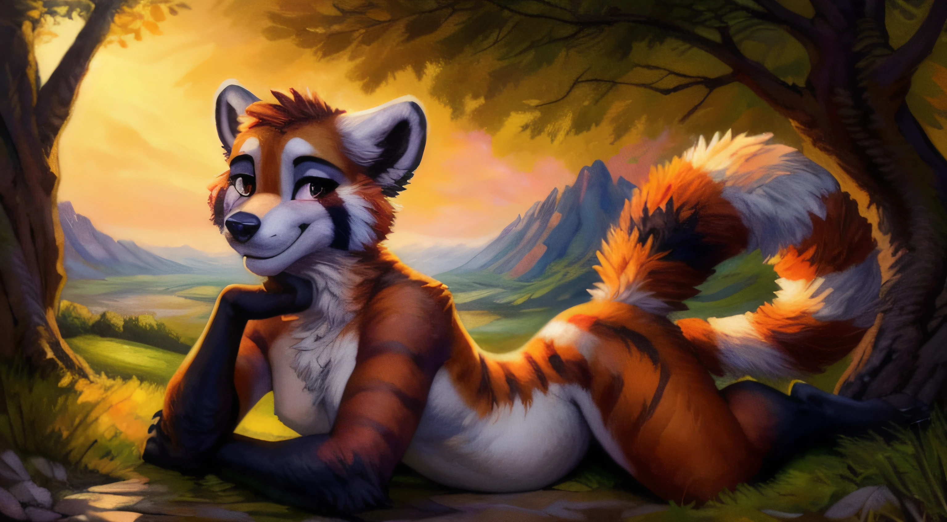 a beautiful and detailed drawing (kenket style, Ross Tran, Ruan Jia, Foxovh) of a chubby anthro red-eyed blue-eyed panda woman, full body, female, furry, cuello furry, pecho furry, pronounced chest, legs open, sitting, Open Invitation, SMILE, uploaded to e621, cinematic lighting, forest, mountains, clouds, Far River