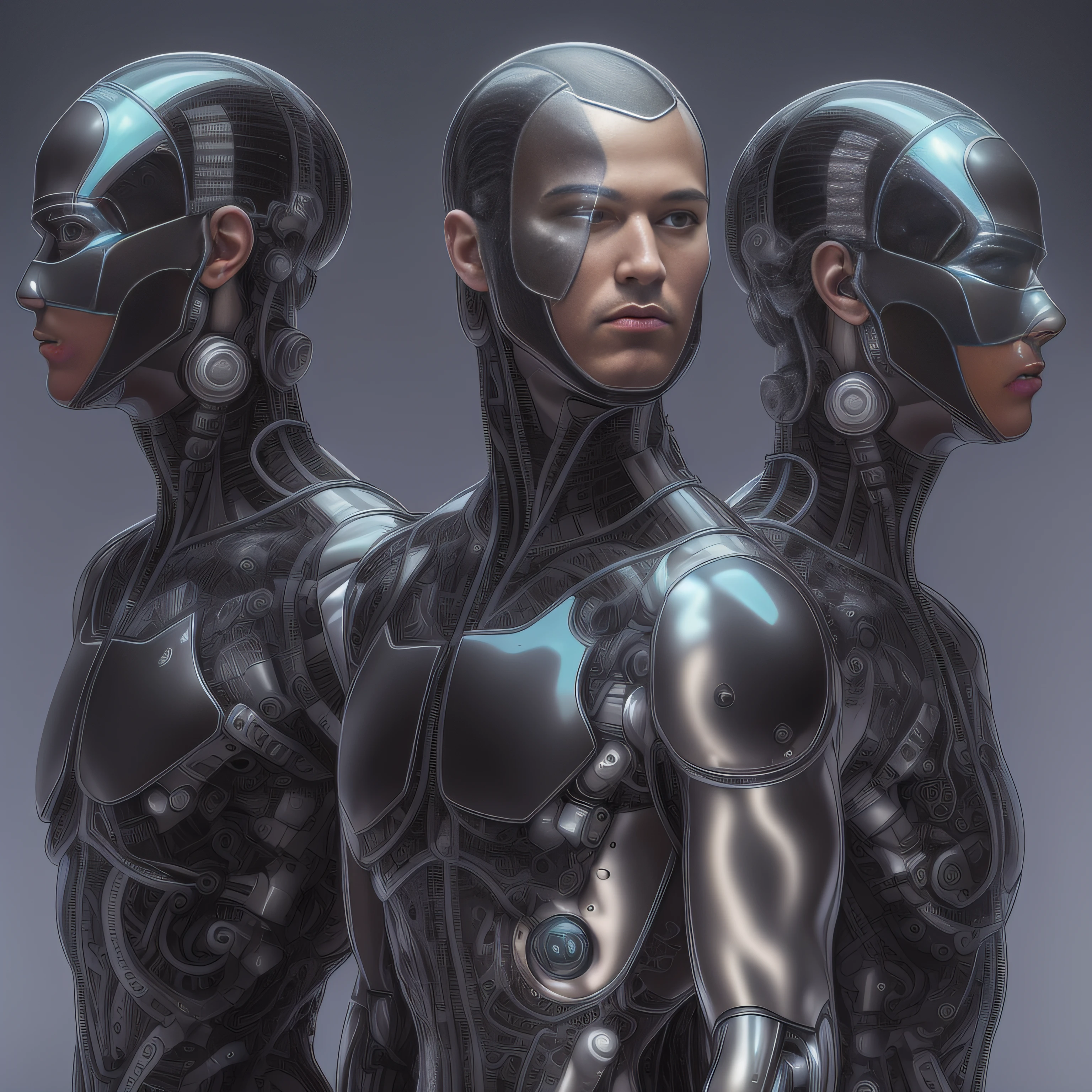 (Alfed man wearing black transparent latex tong，Translucent latex tong：1.5)，（Metallic body, bionic scifi alexandre ferra, cyborg neck, cyborg male, male cyborg, cyborg fashion model, portrait of a cyborg, detailed portrait of a cyborg, cybernetic neck implant, portrait of a futuristic robot ：1.3）（dystopian sci-fi character, sci - fi character, portrait of a cyberpunk cyborg：1.2）（8K，Extreme detail，Hair in extreme detail，Ultra photo realsisim，cinmatic lighting：1.1）（Asian supermodel face，Strong muscles and perfectly curved body，Extreme sexual tension，Hormonal explosion，whole body display：1.5）（Short hair, Light-colored beard, Stubble masculinity，Naked muscle man，Muscular macho，No clothes on，Only a pair of thongs was worn，Extremely sexy and provocative：1.5)