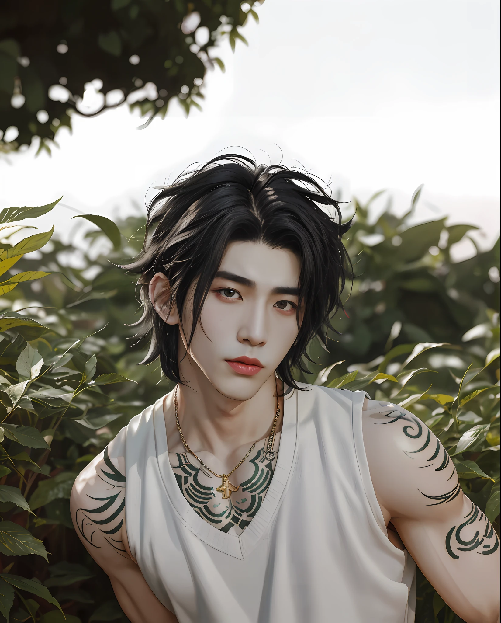 Había un hombre con un tatuaje en el brazo，Lleva un chaleco blanco, ruan jian, Cai Xu Kun, Guapo barbilla de Chad, Ryan Jia, stanley artgem lau, steve zheng, Bian Luan, retrato en plano medio, inspirado por Huang Gongwang, Longque Chen, en estilo de ren colgar, damien tran, hombre asiático, albúm de arte