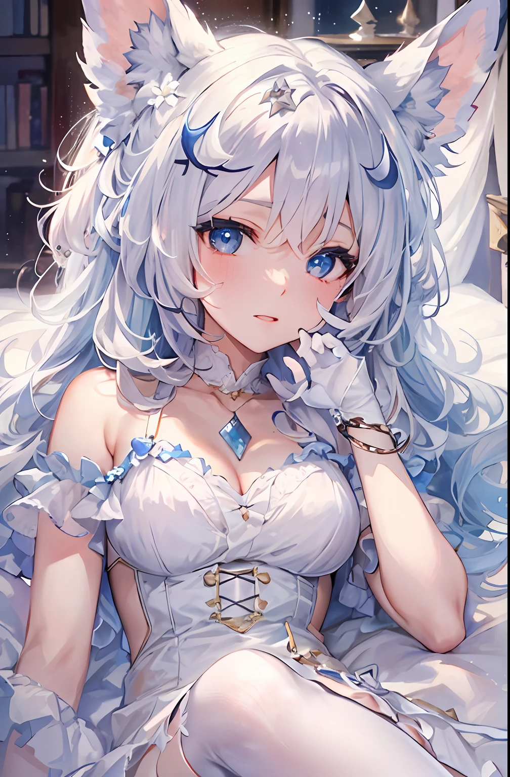 tmasterpiece，Top image quality，extreme hight detail，1girll，Solo，Detailed face，Lazy wind，White hair，Dull hair，Beast-eared maiden，wide blue eyes，white dresses，is shy，The face is reddish，Exquisite clothing，Delicate tiara，llight rays，onbed，white stockings， huge breasts cleavage，adolable，shy，sweet，Beautiful，goodlooking