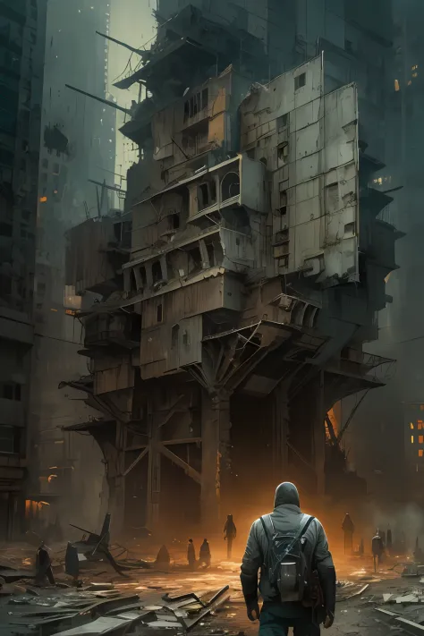 (post-apocalypse:1.2), robotic monolith towering above a desolate city, (album art:1.1), (artpunk:1.0), unique pose, (trigun:1.1...